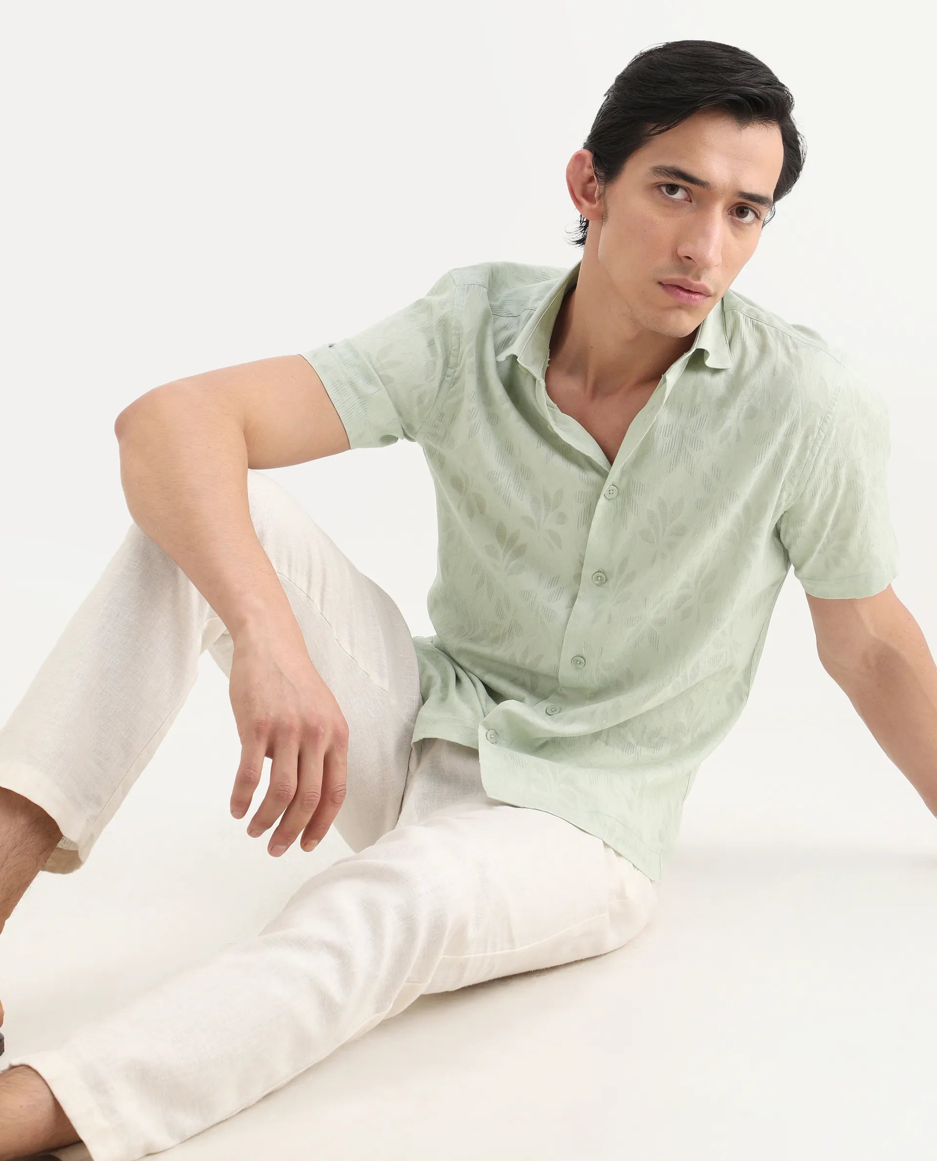 Rare Rabbit Men's Ottas Dusky Green Cotton Fabric Half Sleeve Spread Collar Regular Fit Shirt