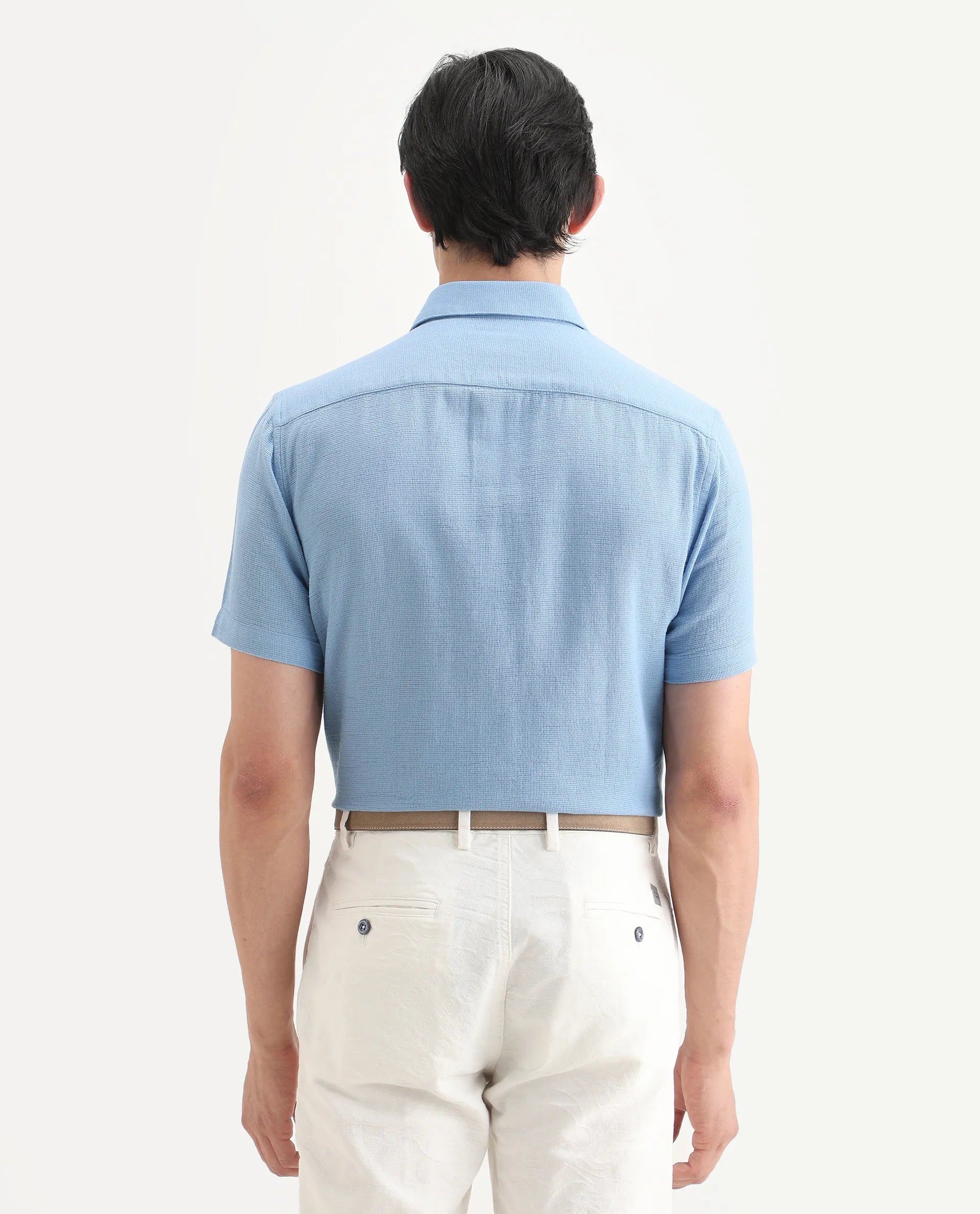 Rare Rabbit Men's Rends Blue Cotton Fabric Half Sleeve Spread Collar Regular Fit Textured Shirt