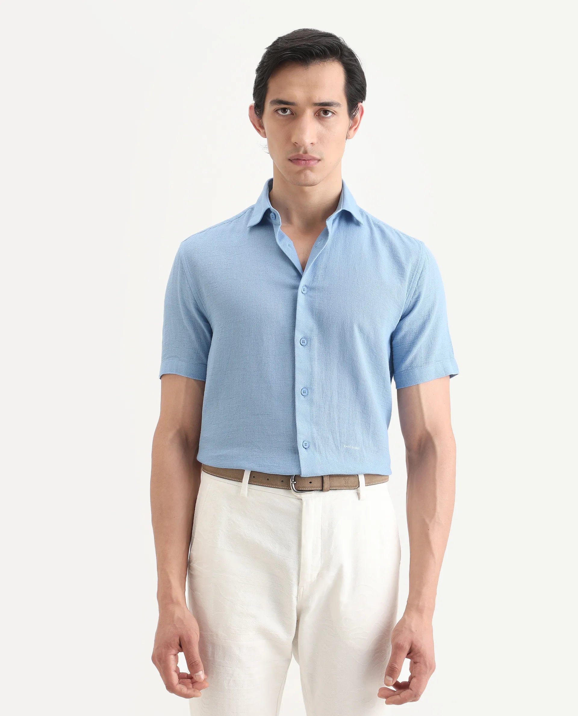Rare Rabbit Men's Rends Blue Cotton Fabric Half Sleeve Spread Collar Regular Fit Textured Shirt