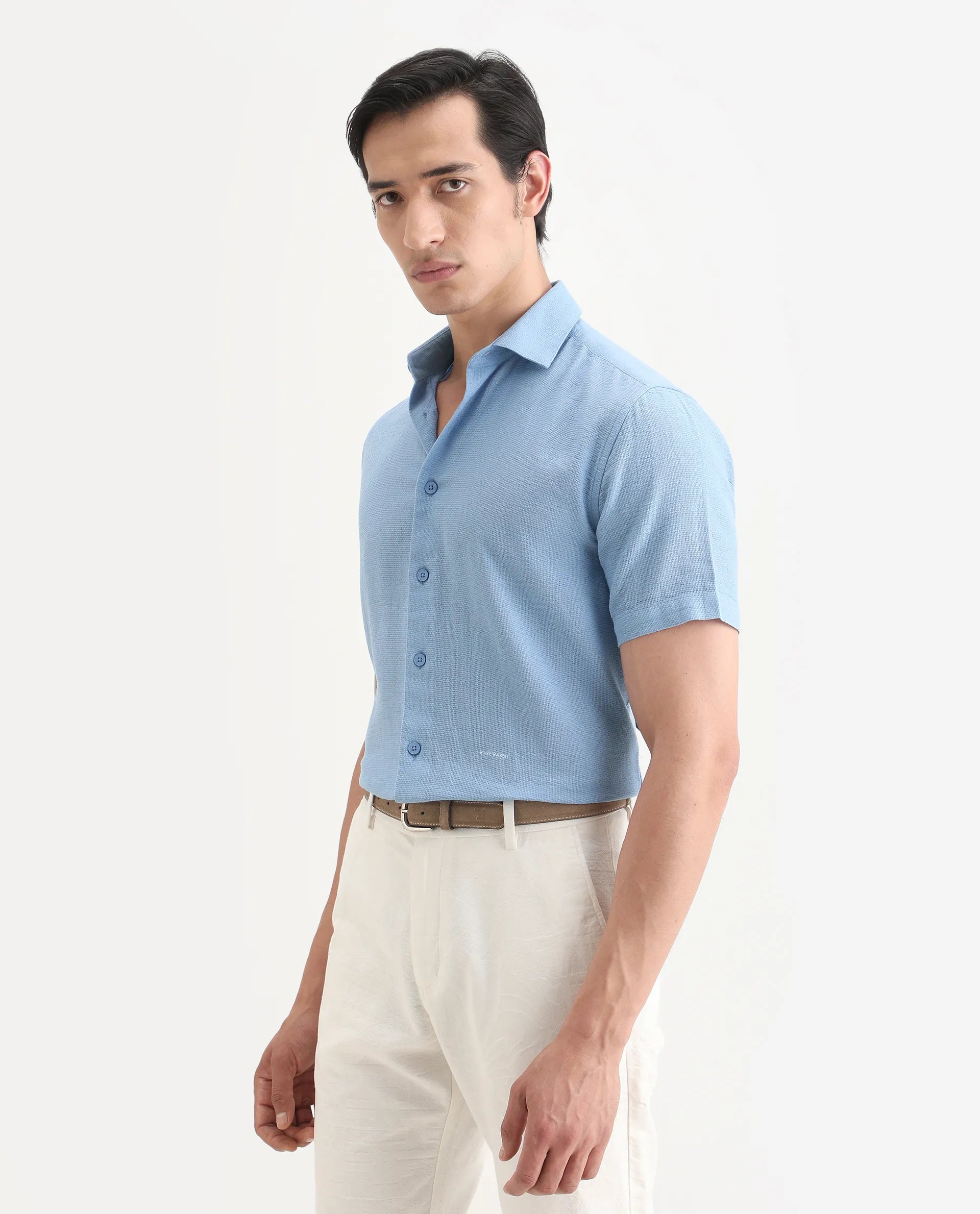 Rare Rabbit Men's Rends Blue Cotton Fabric Half Sleeve Spread Collar Regular Fit Textured Shirt