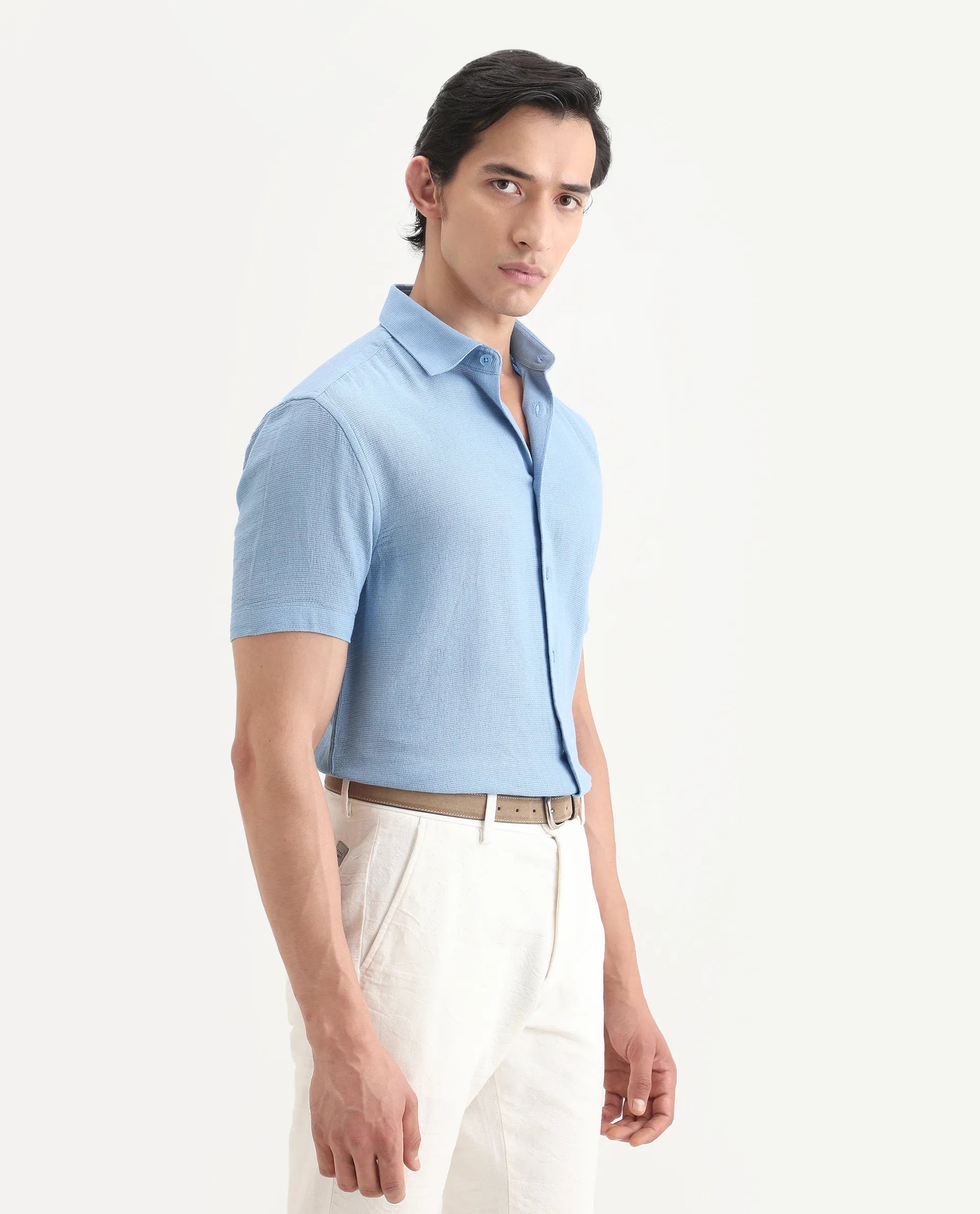 Rare Rabbit Men's Rends Blue Cotton Fabric Half Sleeve Spread Collar Regular Fit Textured Shirt