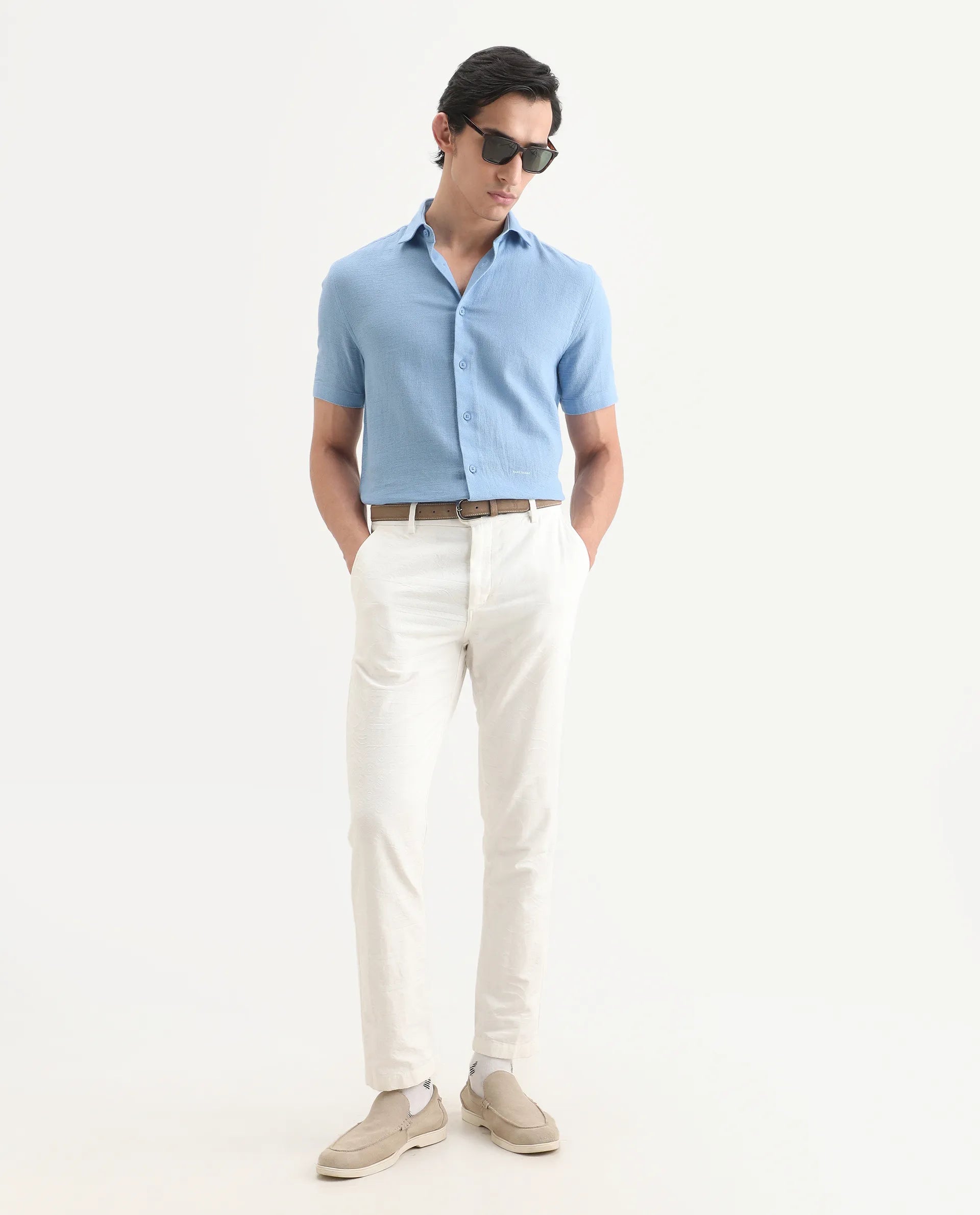 Rare Rabbit Men's Rends Blue Cotton Fabric Half Sleeve Spread Collar Regular Fit Textured Shirt