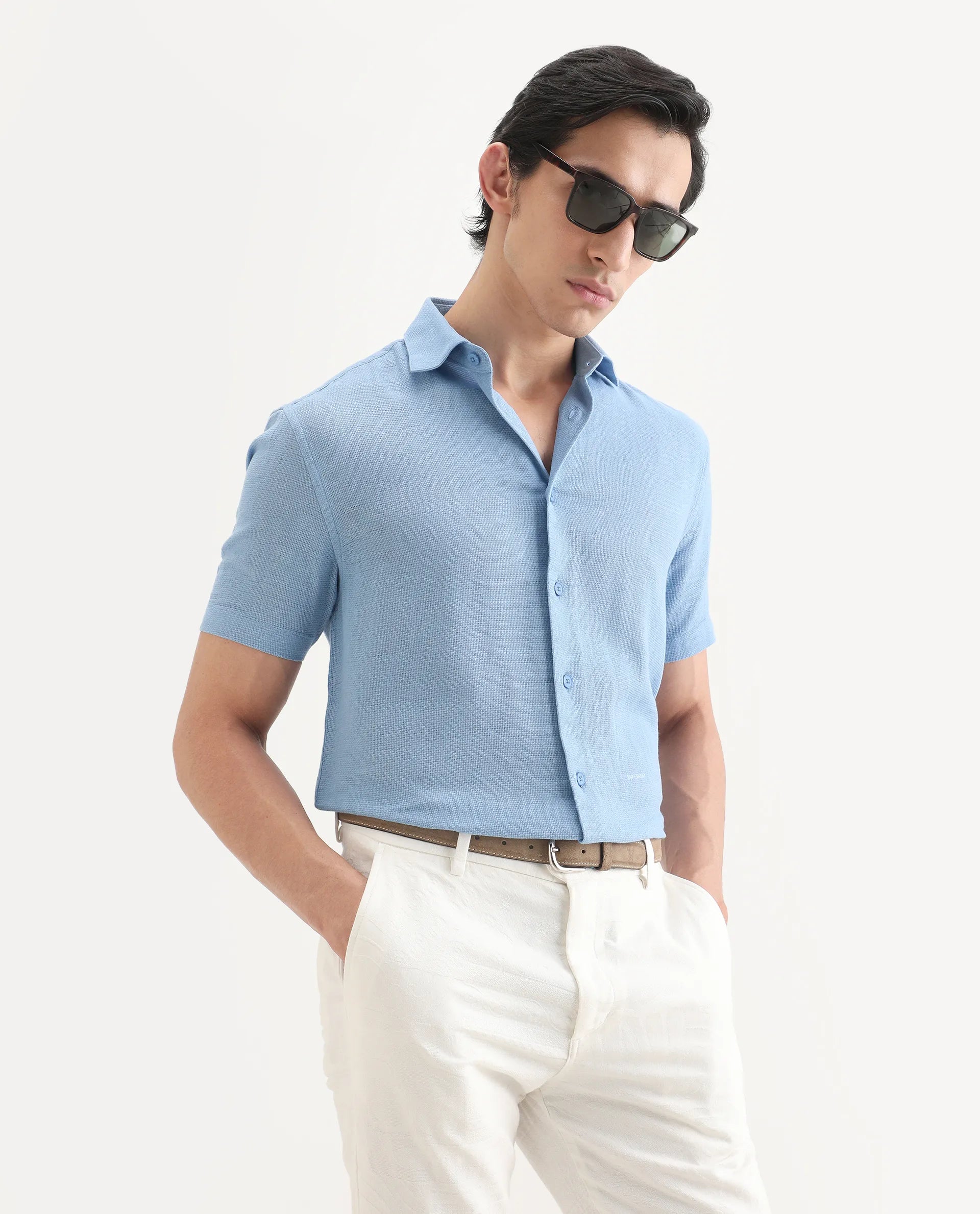 Rare Rabbit Men's Rends Blue Cotton Fabric Half Sleeve Spread Collar Regular Fit Textured Shirt