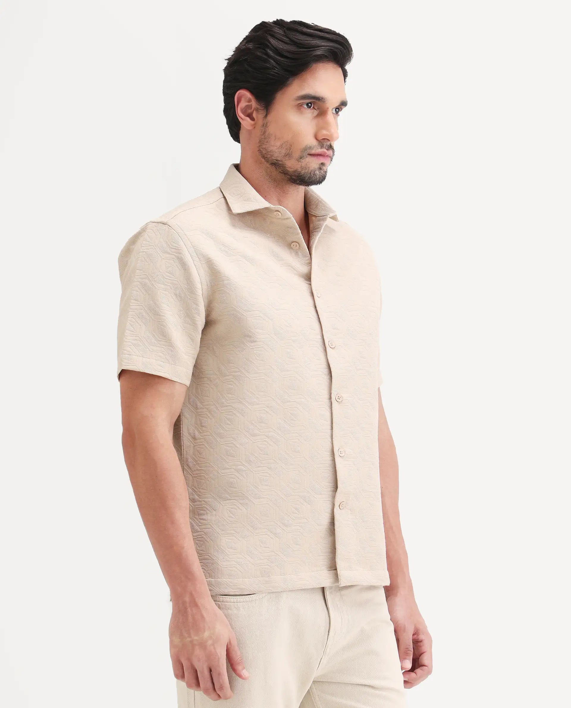 Rare Rabbit Men's Wedel Beige Cotton Fabric Half Sleeve Spread Collar Regular Fit Jacquard Shirt