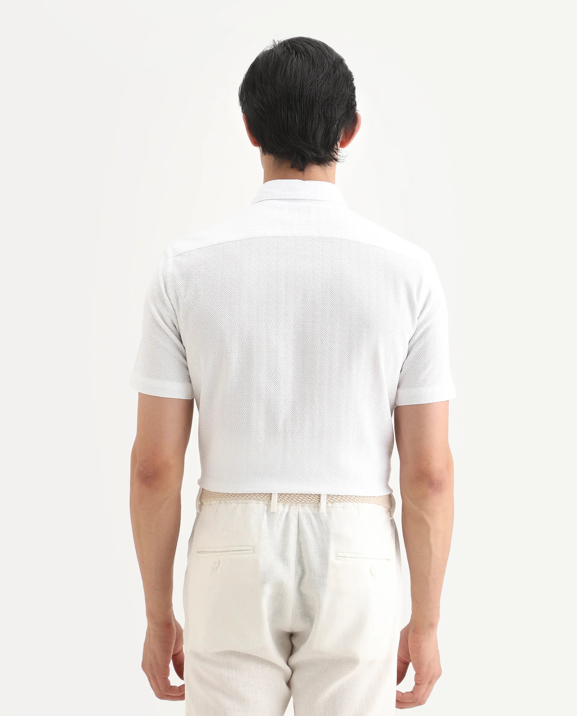 Rare Rabbit Men's Volda White Cotton Fabric Half Sleeve Spread Collar Regular Fit Textured Shirt