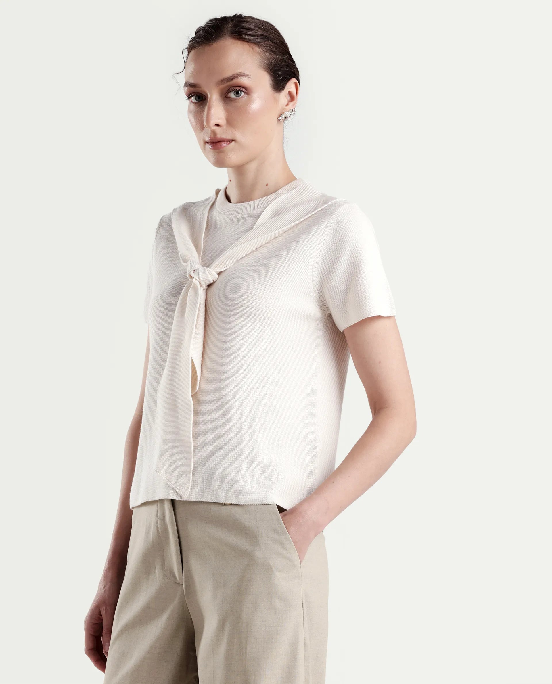 Rareism Women's Sava Off White Cotton Half Sleeve Cowl Neck Regular Fit Plain Top