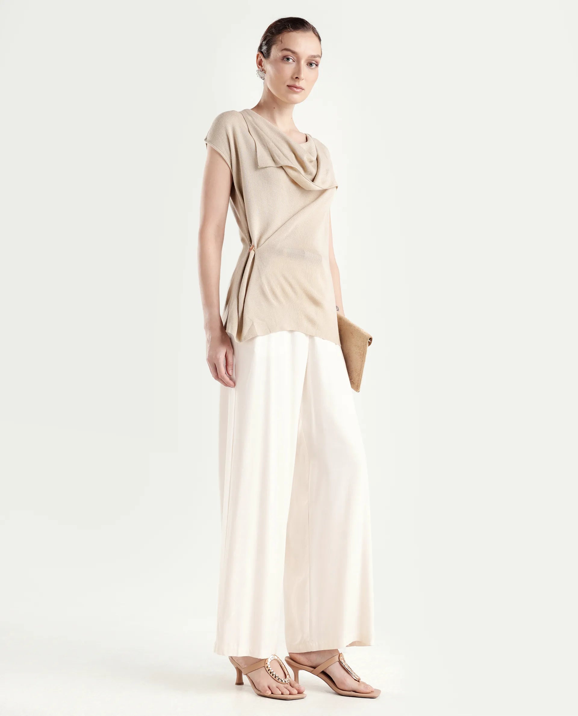 Rareism Women's Star Beige Viscose Blend Half Sleeve Cowl Neck Relaxed Fit Plain Top