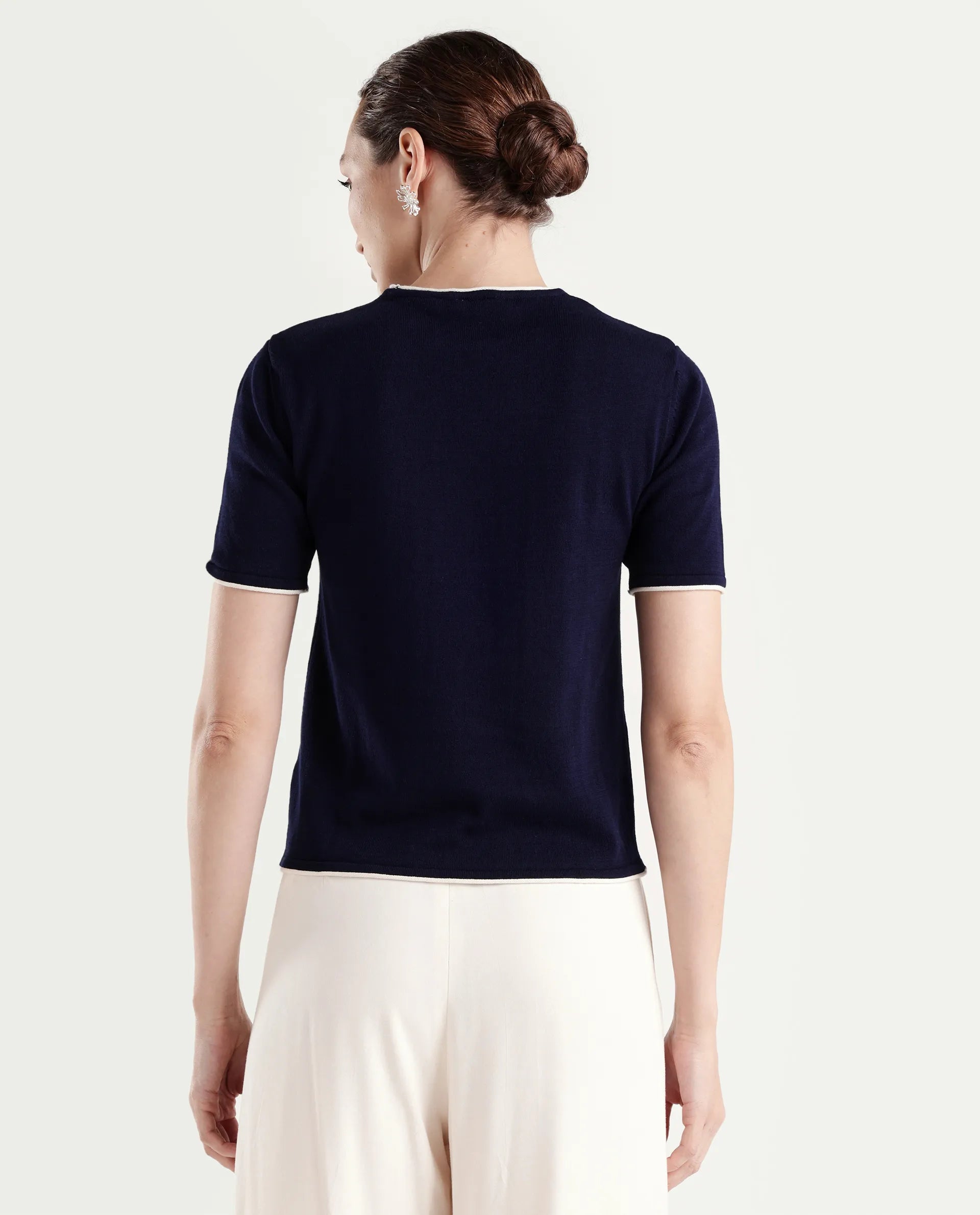 Rareism Women's Sesh Navy Cotton Half Sleeve Crew Neck Regular Fit Plain Top