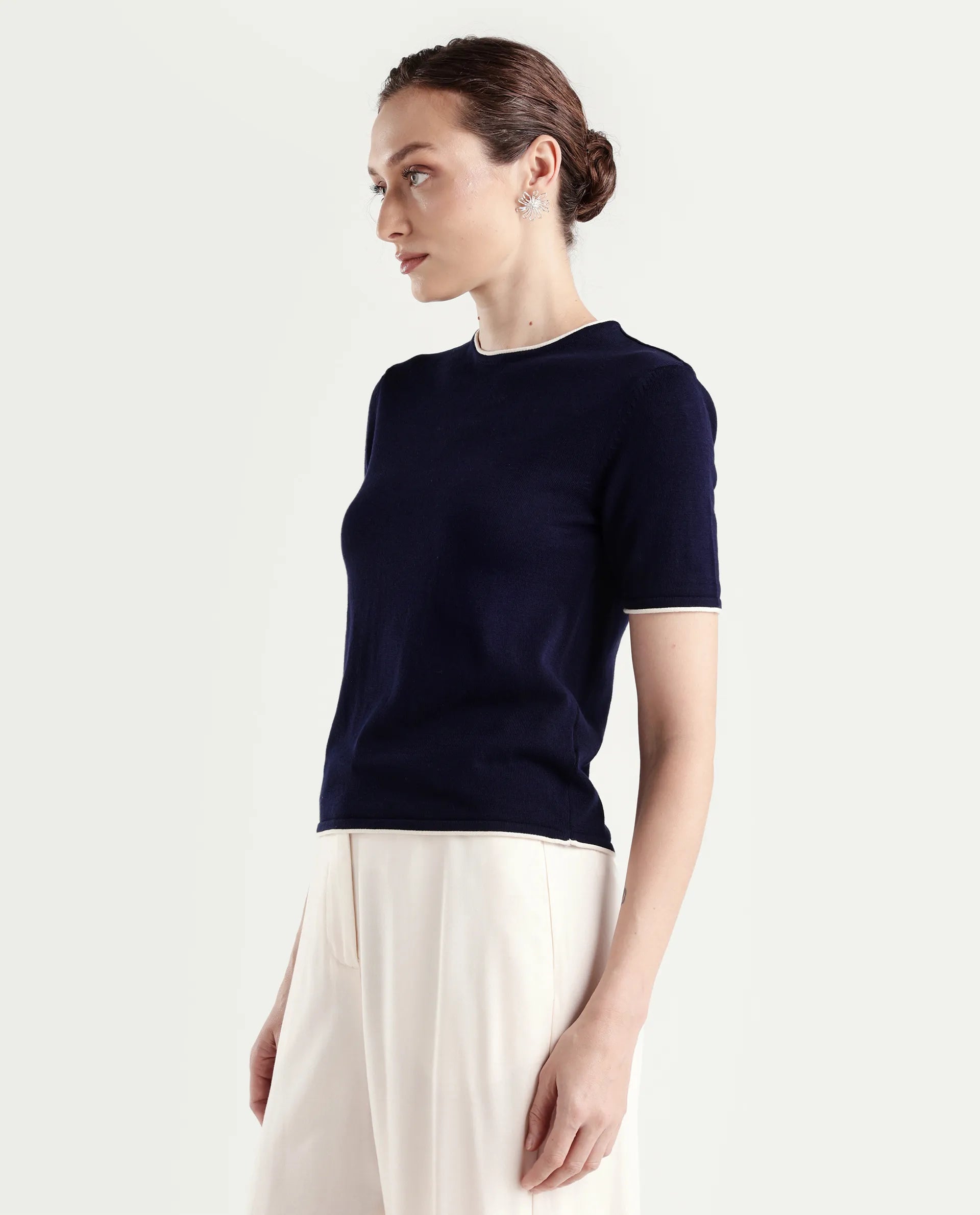 Rareism Women's Sesh Navy Cotton Half Sleeve Crew Neck Regular Fit Plain Top
