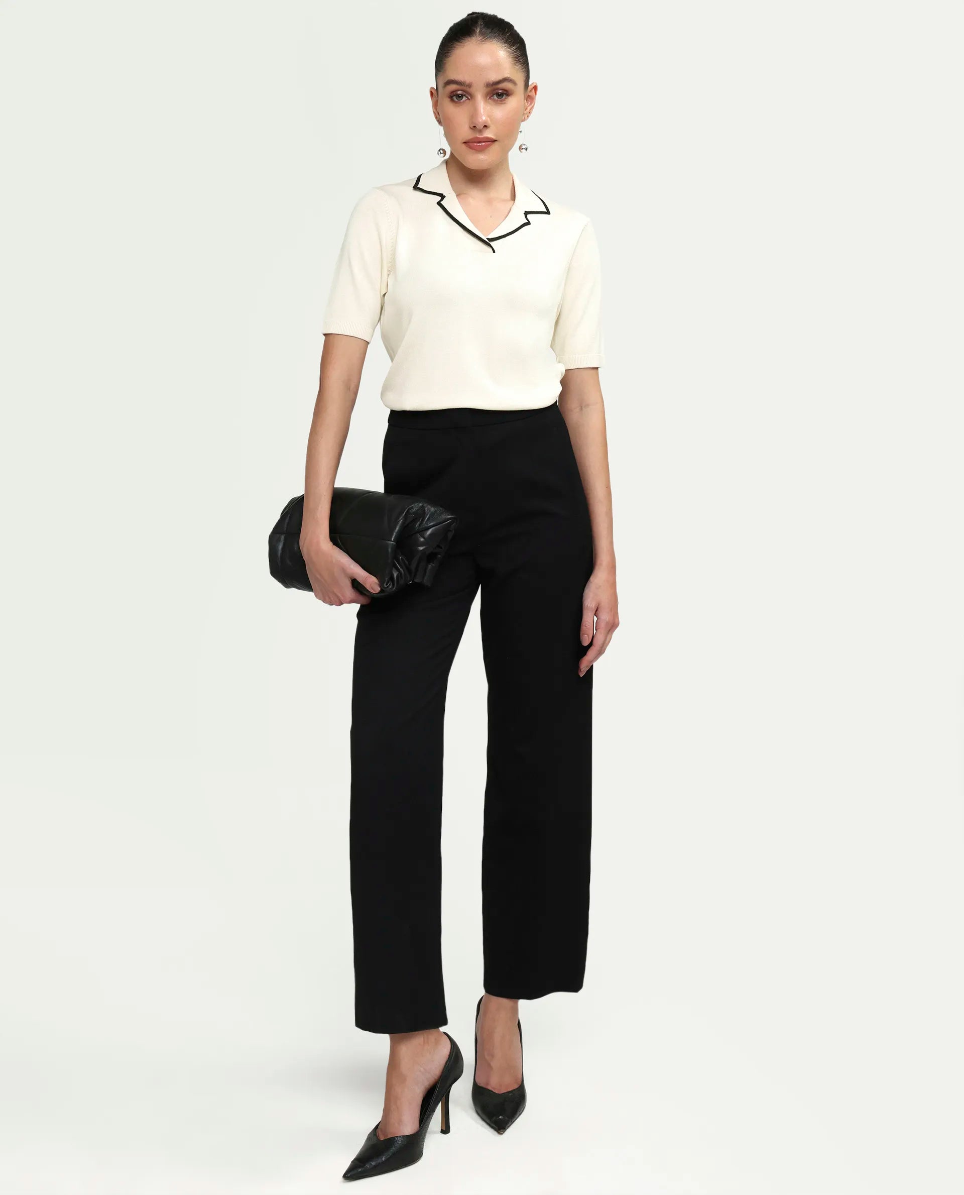 Rareism Women's Syrus Off White Nylon Blend Half Sleeve Jonny Collar Relaxed Fit Plain Polo