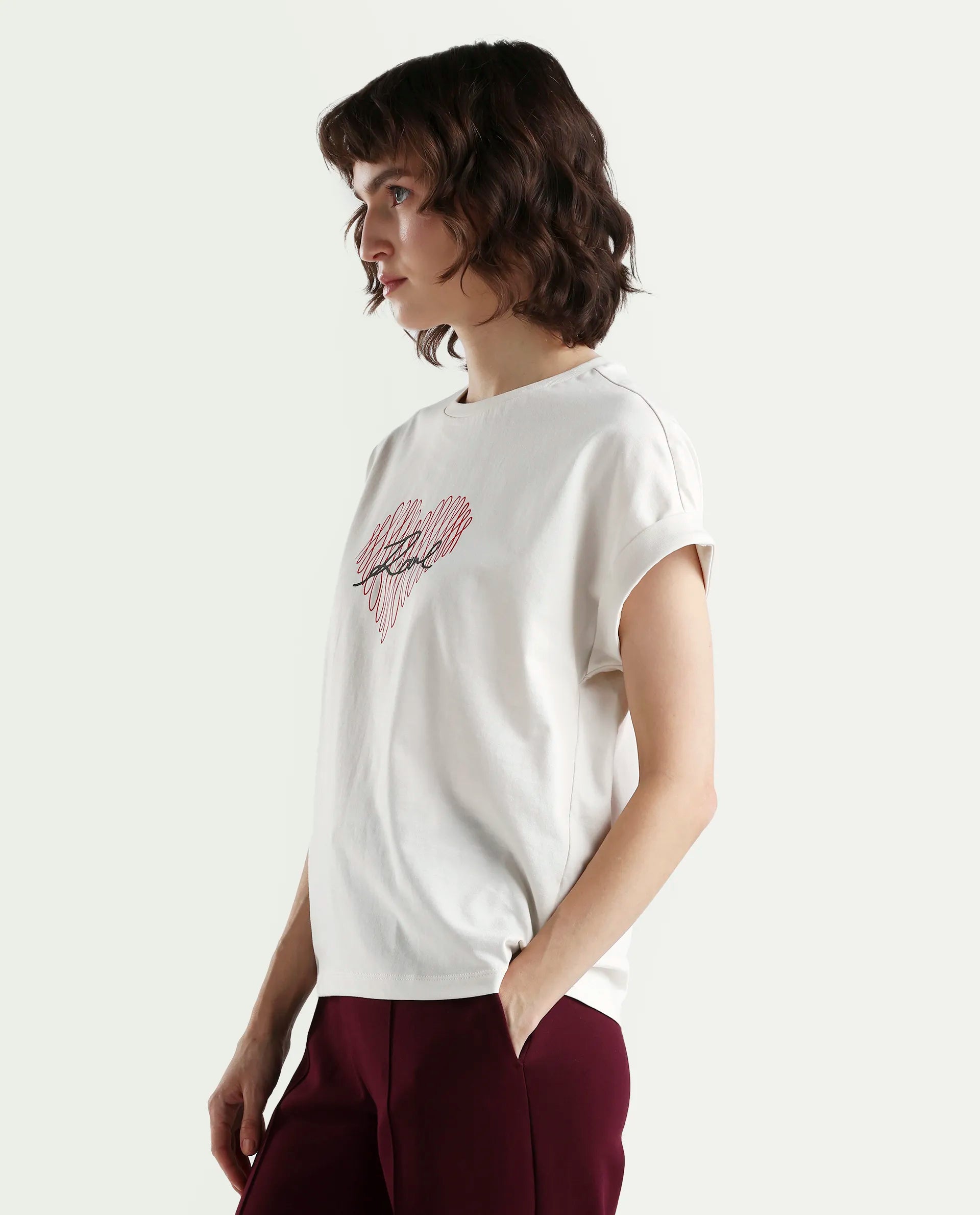 Rareism Women's Zeen Off White Cotton Half Sleeve Relaxed Fit Object Print T-Shirt