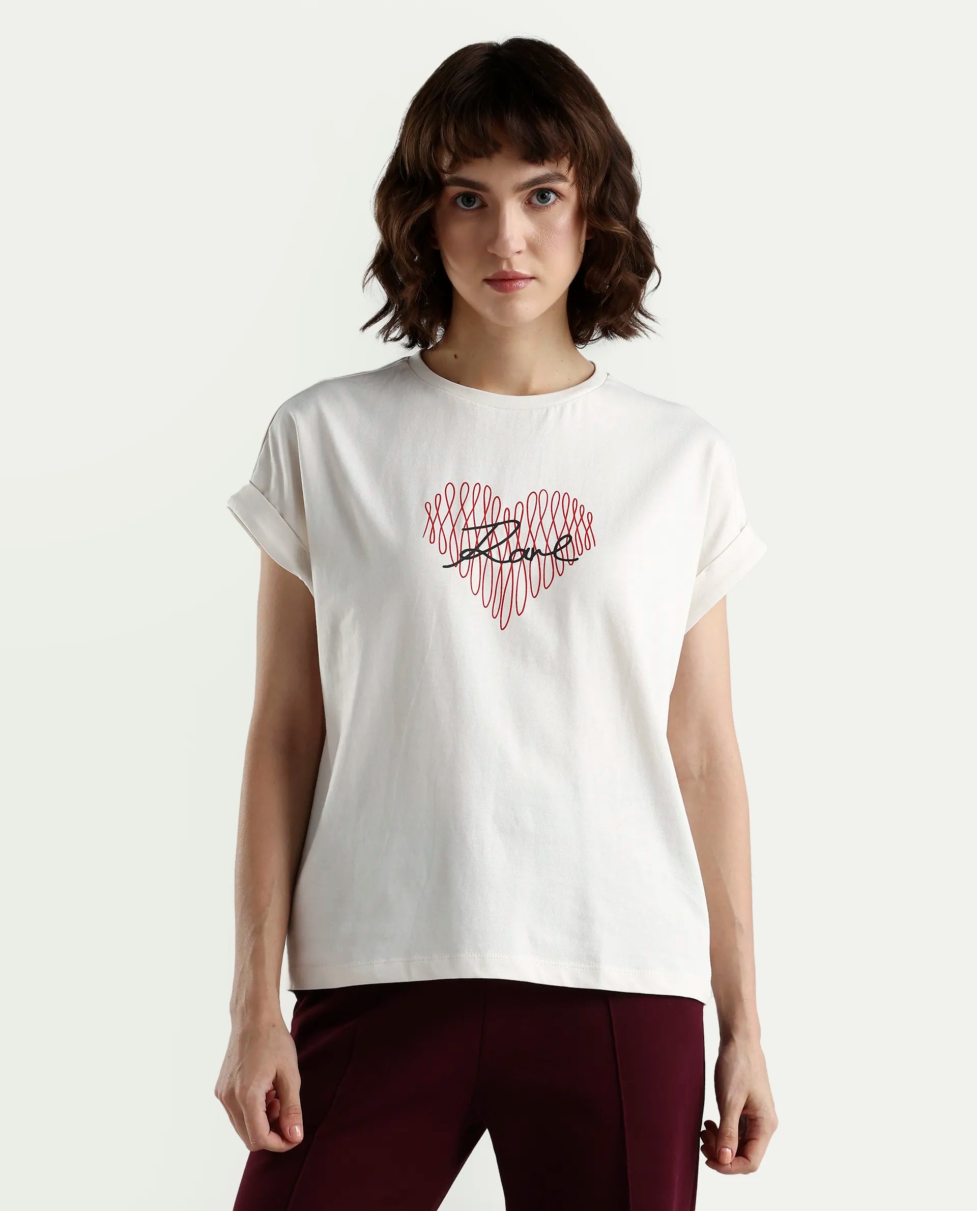 Rareism Women's Zeen Off White Cotton Half Sleeve Relaxed Fit Object Print T-Shirt