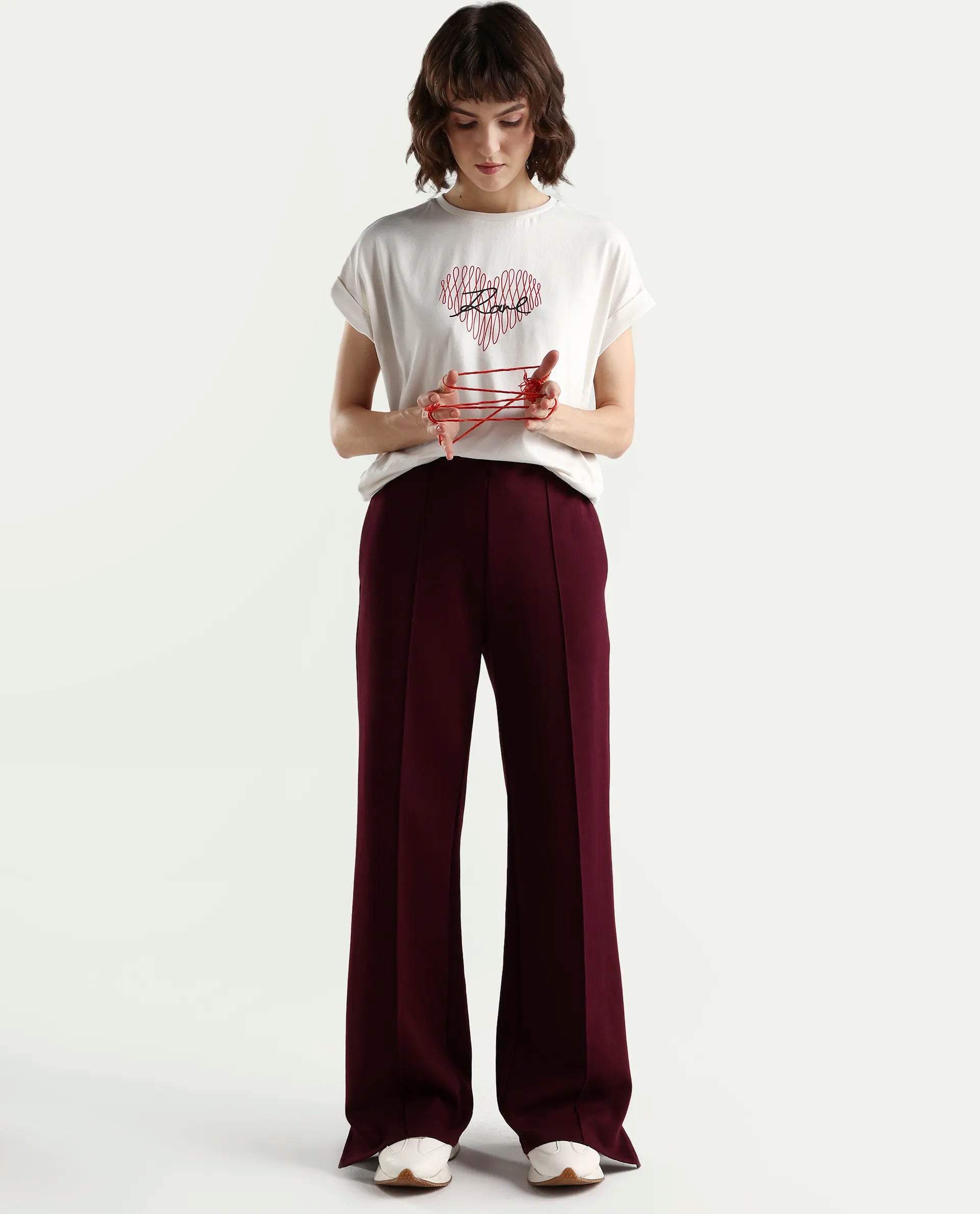 Rareism Women's Zeen Off White Cotton Half Sleeve Relaxed Fit Object Print T-Shirt