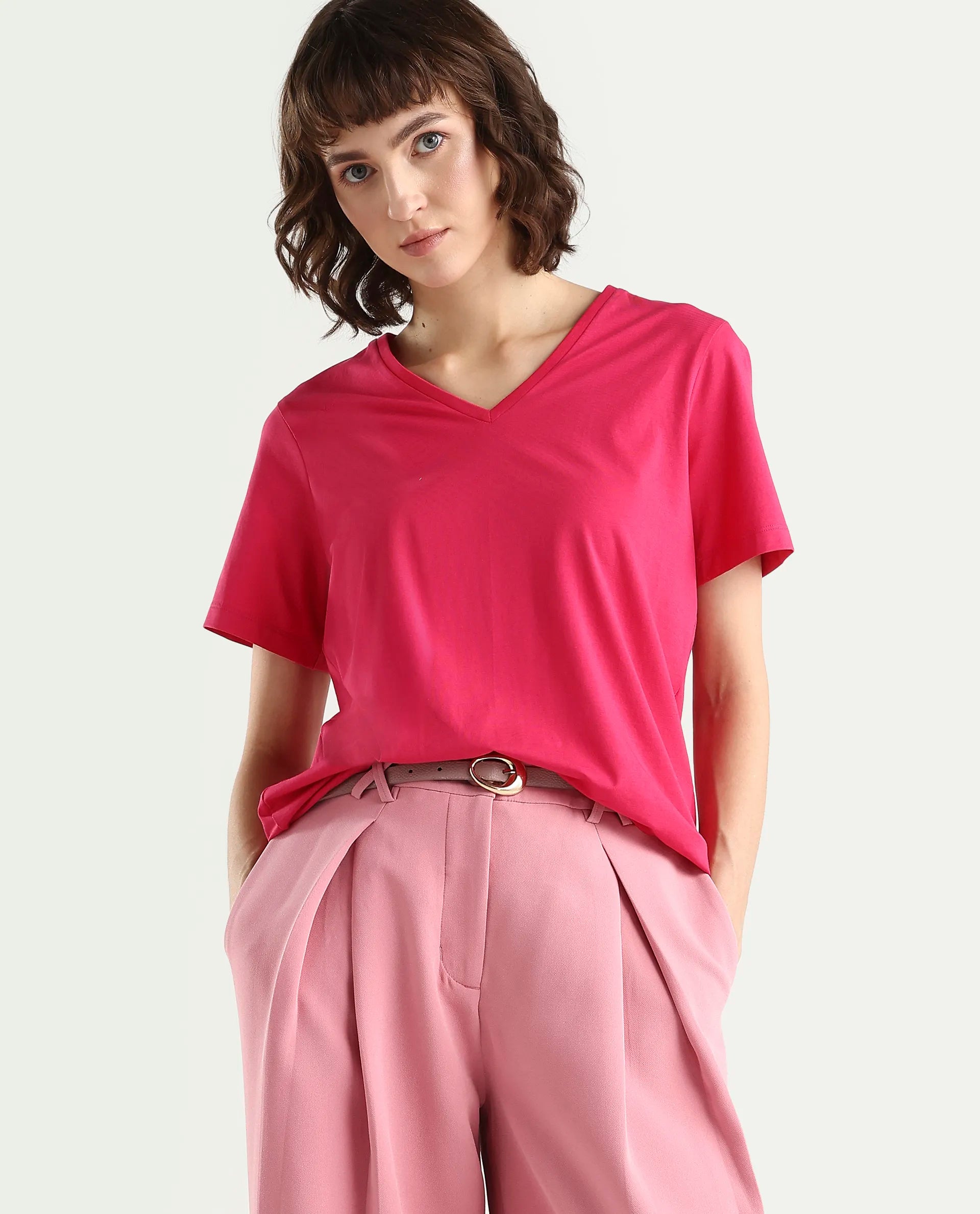 Rareism Women's Zin Dark Pink Cotton Blend Half Sleeve Relaxed Fit Plain T-Shirt