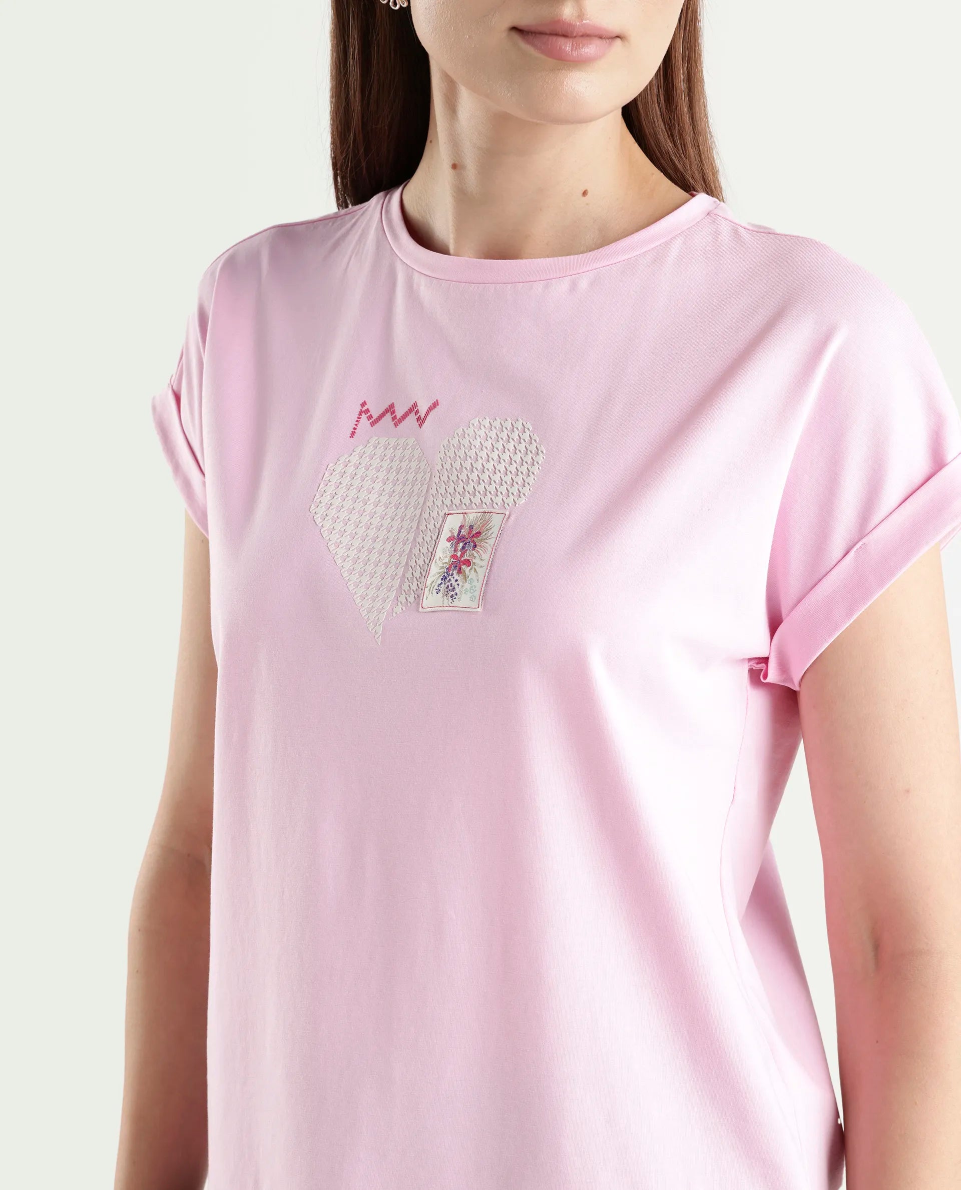 Rareism Women's Zoro Light Pink Cotton Blend Half Sleeve Relaxed Fit Object Print T-Shirt