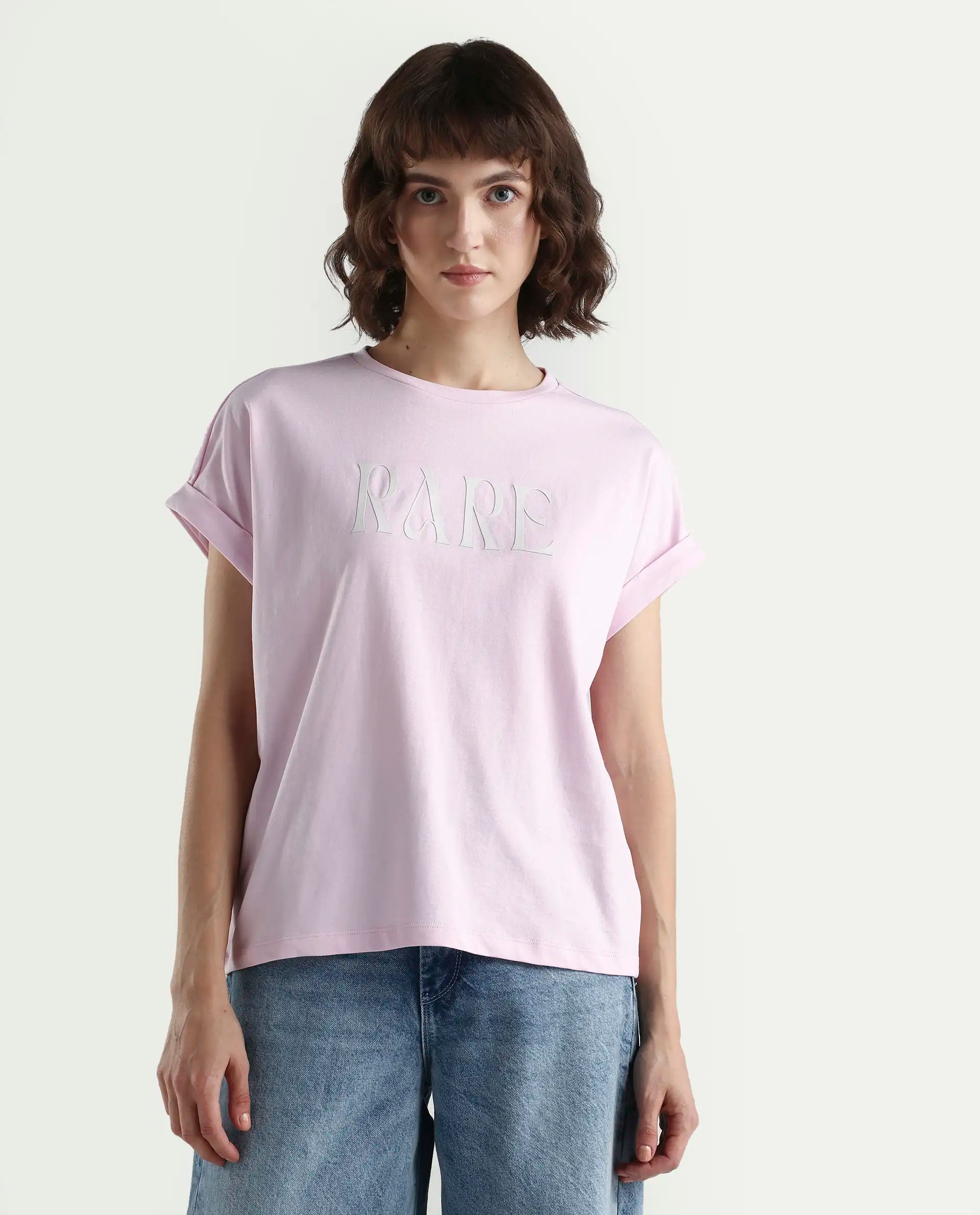 Rareism Women's Bhars Light Pink Cotton Half Sleeve Regular Fit Printed T-Shirt