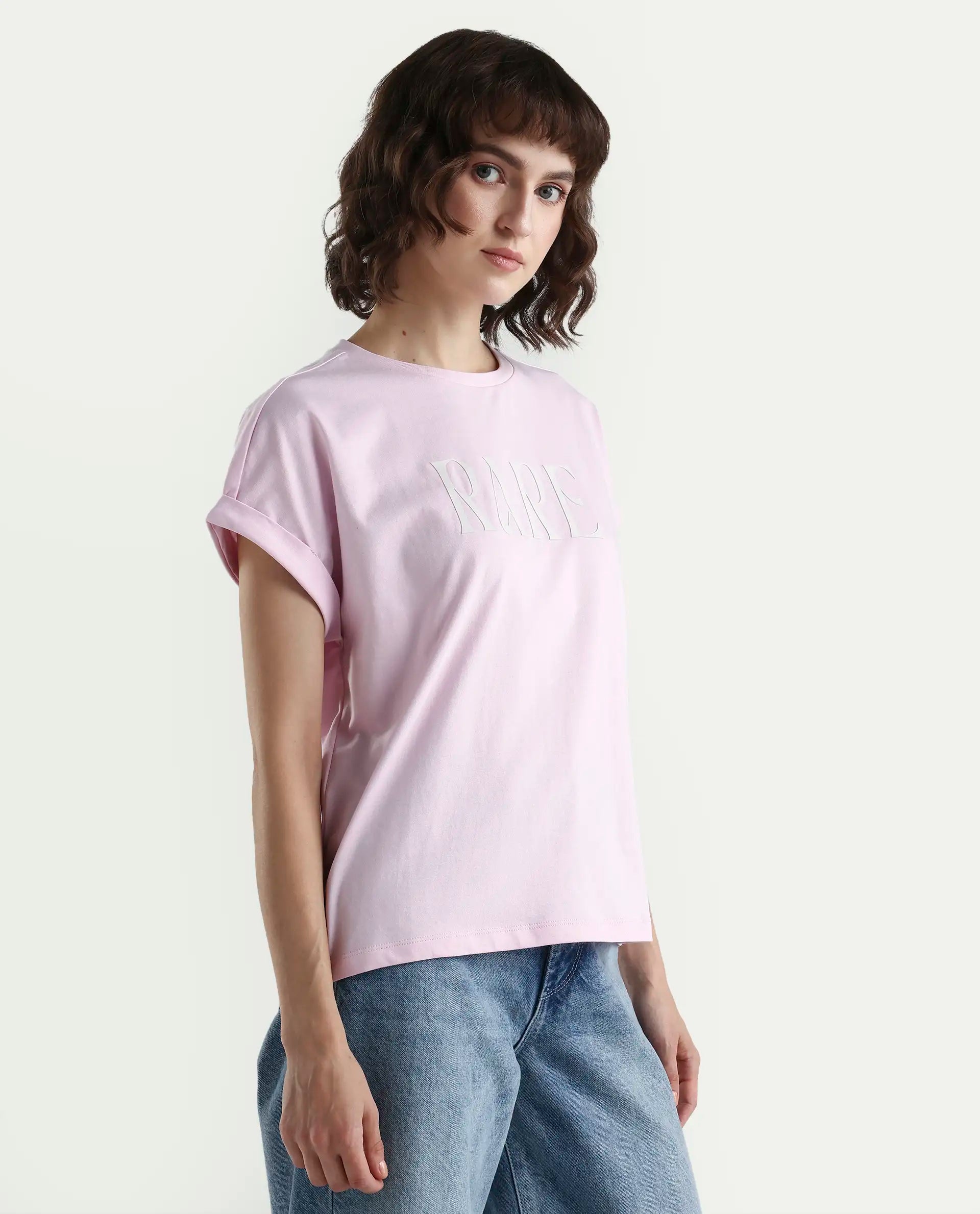 Rareism Women's Bhars Light Pink Cotton Half Sleeve Regular Fit Printed T-Shirt
