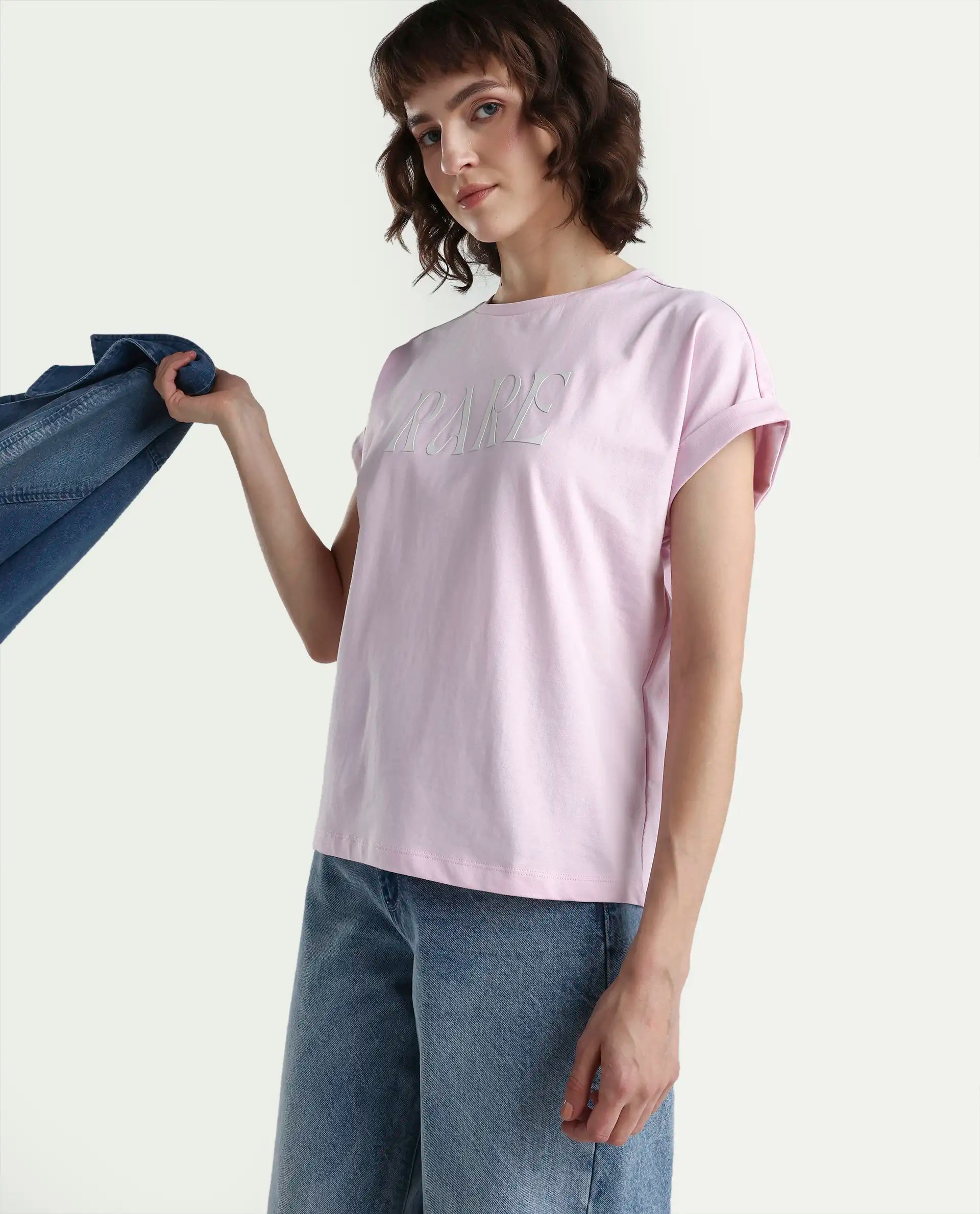 Rareism Women's Bhars Light Pink Cotton Half Sleeve Regular Fit Printed T-Shirt