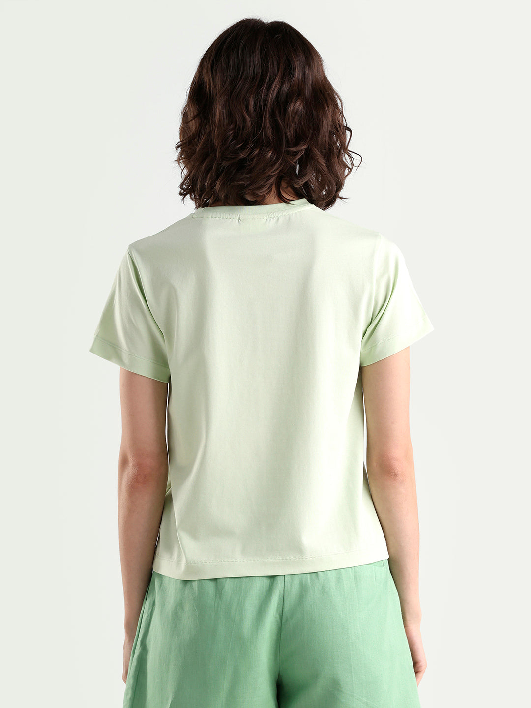 Rareism Women's Zed Light Green Cotton Blend Half Sleeve Regular Fit Plain T-Shirt