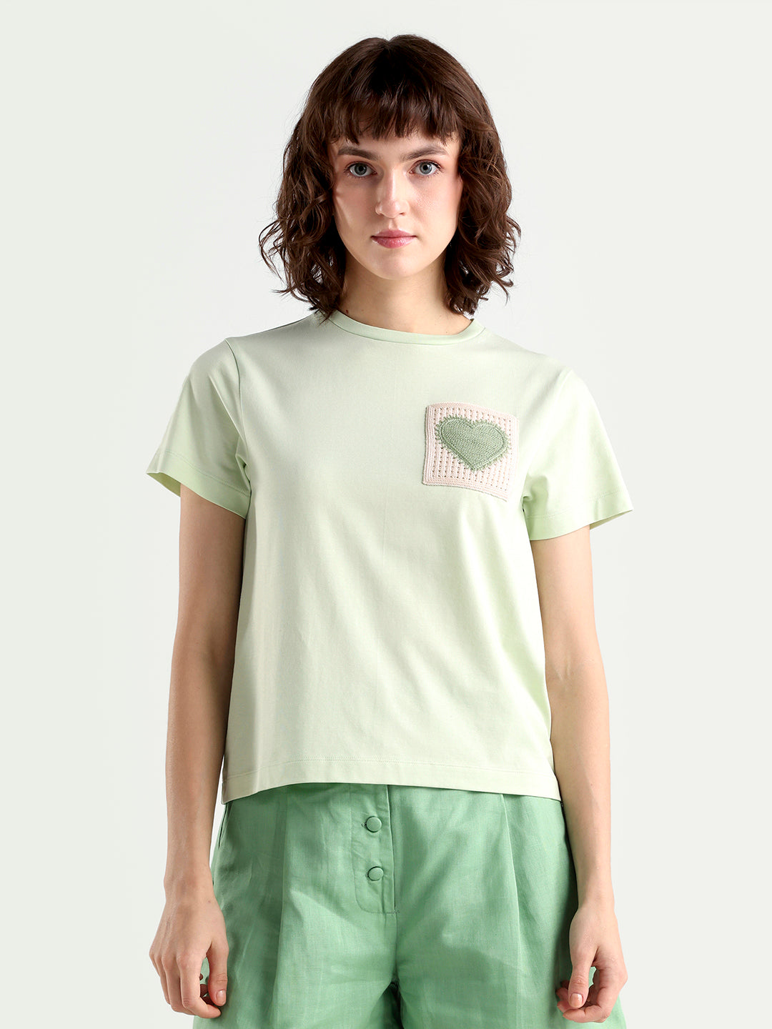 Rareism Women's Zed Light Green Cotton Blend Half Sleeve Regular Fit Plain T-Shirt
