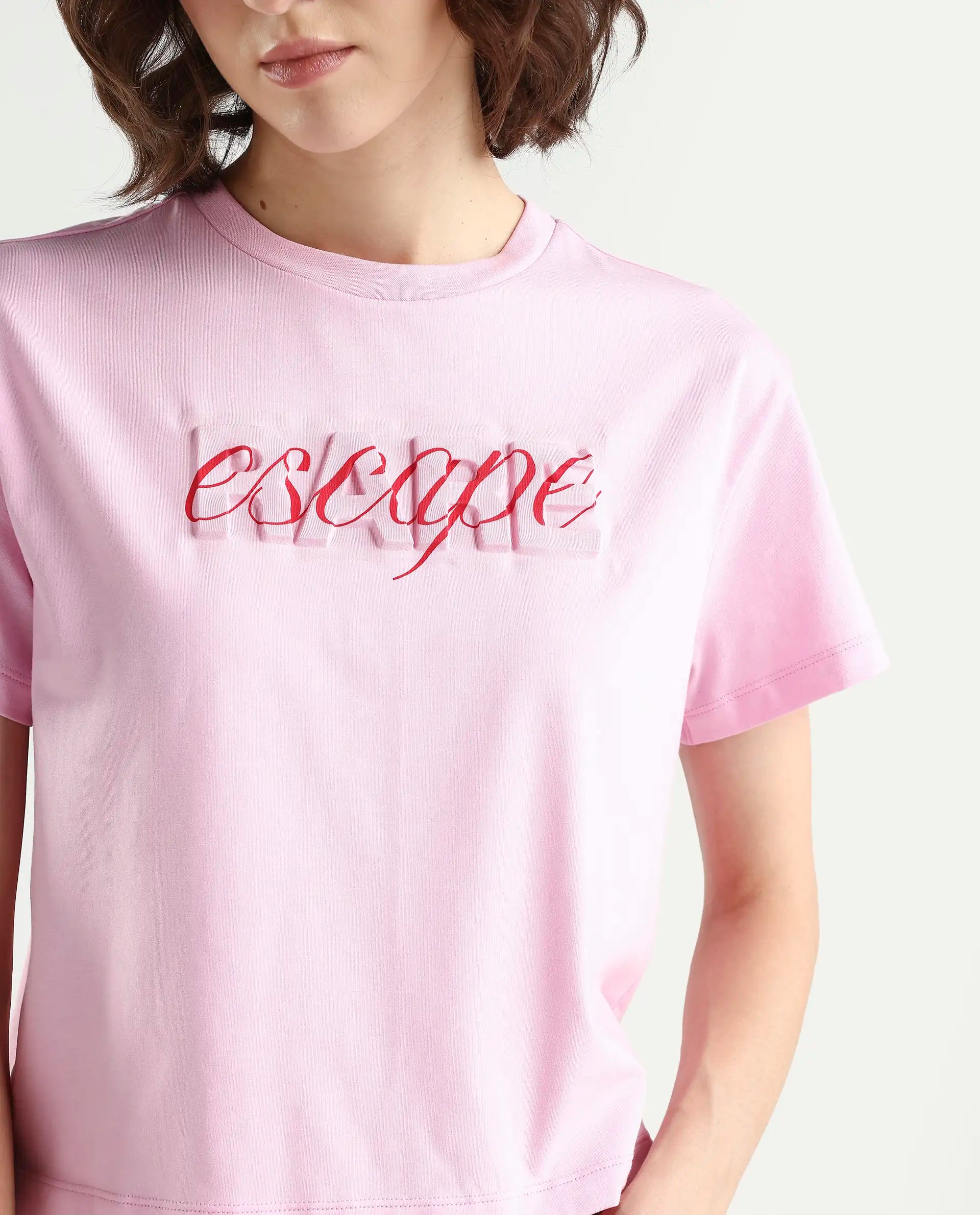 Rareism Women's Zinc Pink Cotton Blend Half Sleeve Relaxed Fit Printed T-Shirt