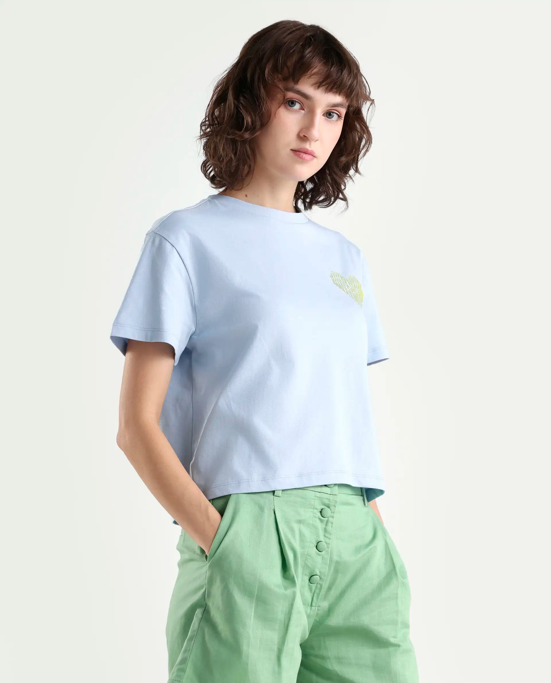 Rareism Women's Zaron Light Blue Cotton Half Sleeve Relaxed Fit Hd Print T-Shirt