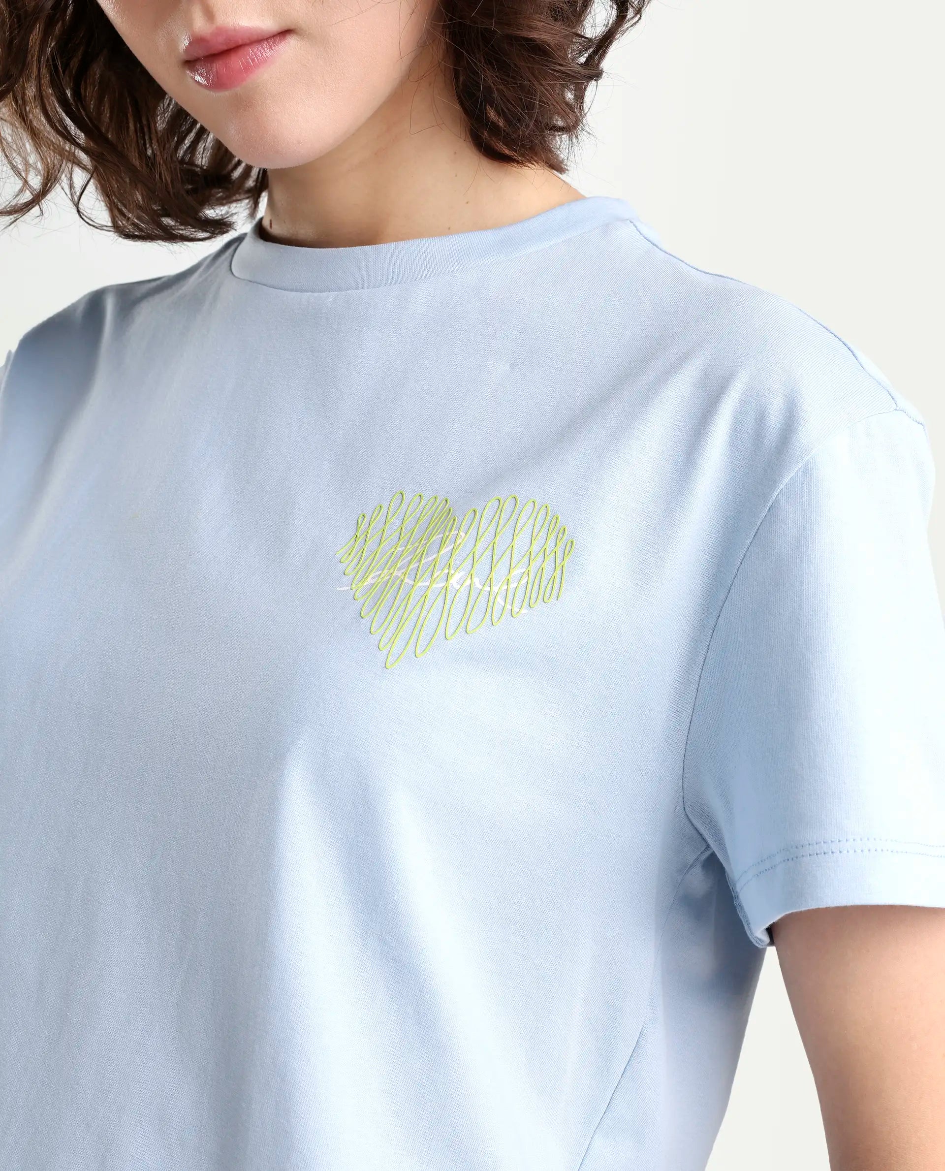 Rareism Women's Zaron Light Blue Cotton Half Sleeve Relaxed Fit Hd Print T-Shirt