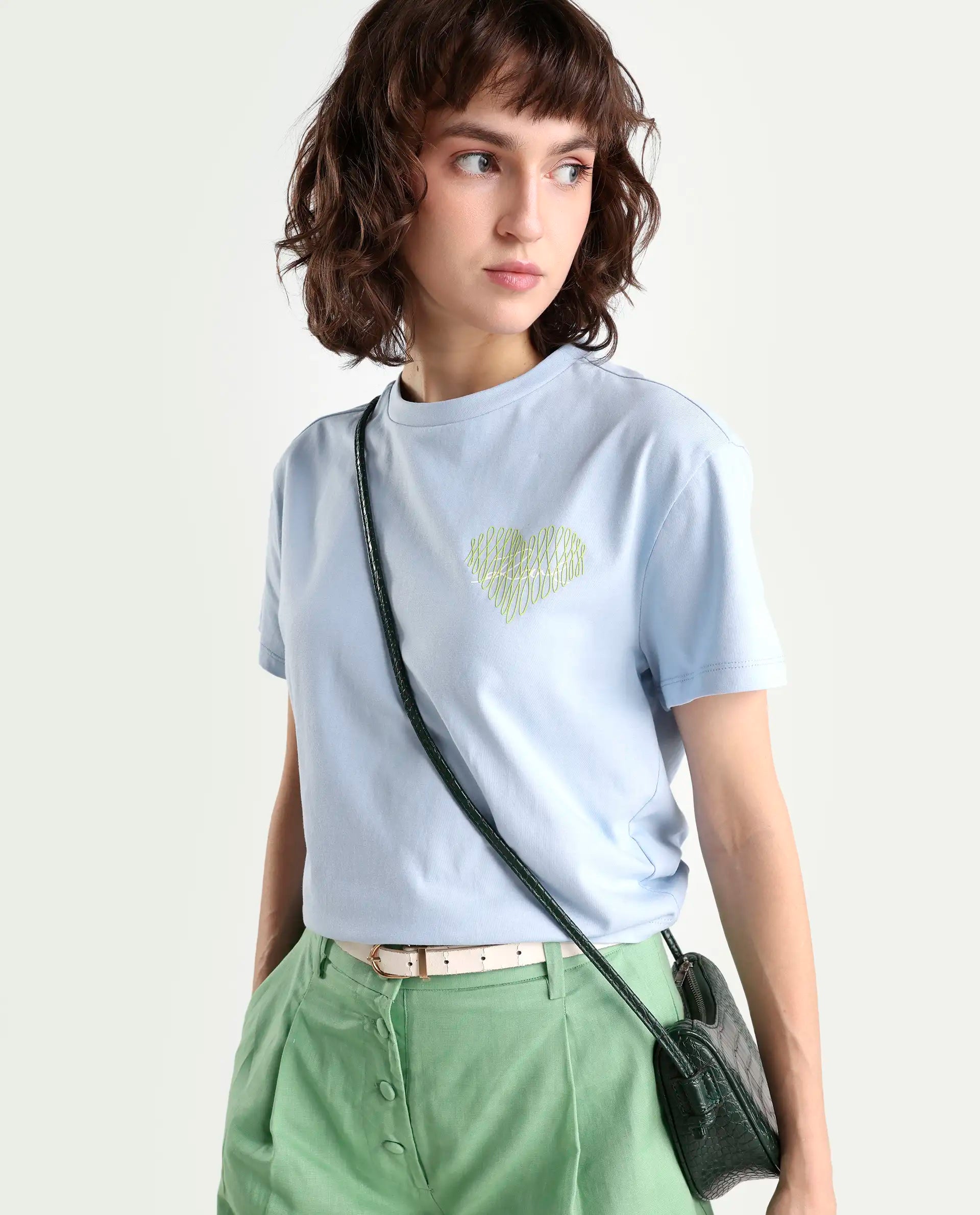 Rareism Women's Zaron Light Blue Cotton Half Sleeve Relaxed Fit Hd Print T-Shirt