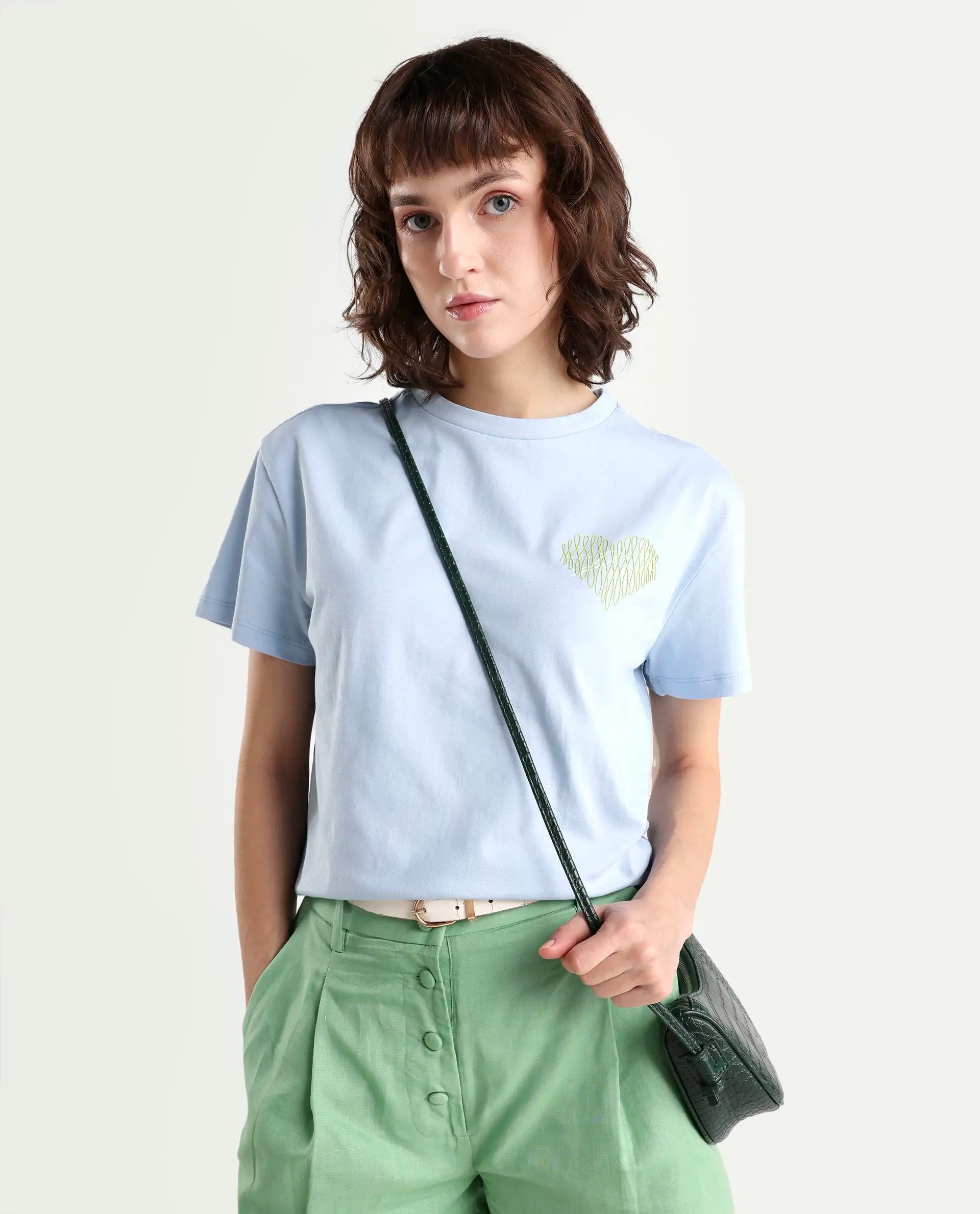 Rareism Women's Zaron Light Blue Cotton Half Sleeve Relaxed Fit Hd Print T-Shirt