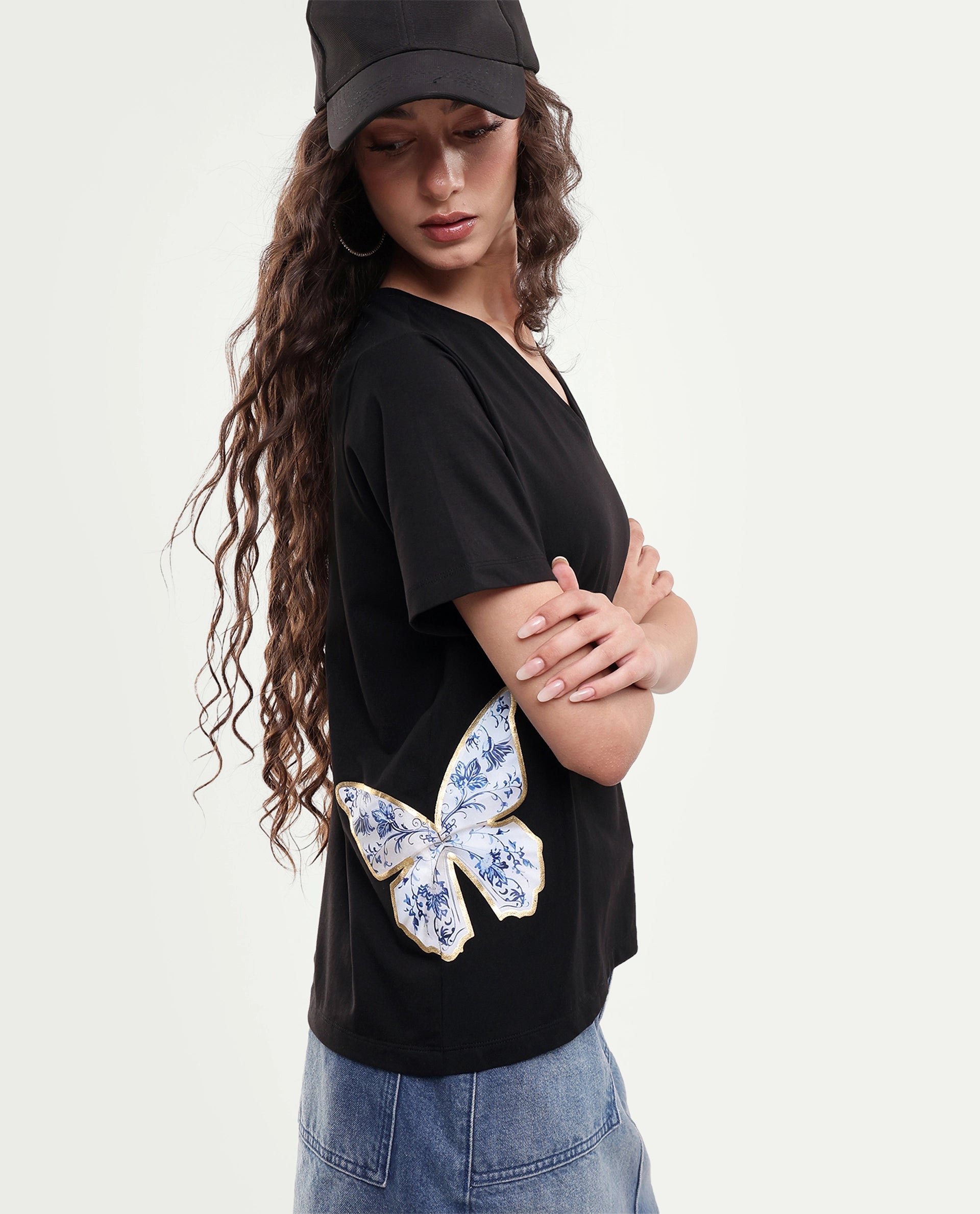 Rareism Women's Zyler Black Cotton Blend Half Sleeve Relaxed Fit Embroidery T-Shirt