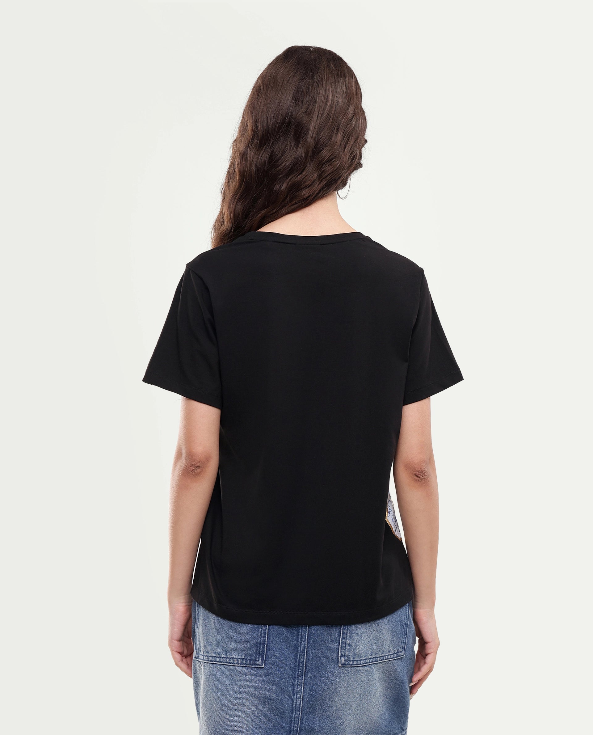 Rareism Women's Zyler Black Cotton Blend Half Sleeve Relaxed Fit Embroidery T-Shirt