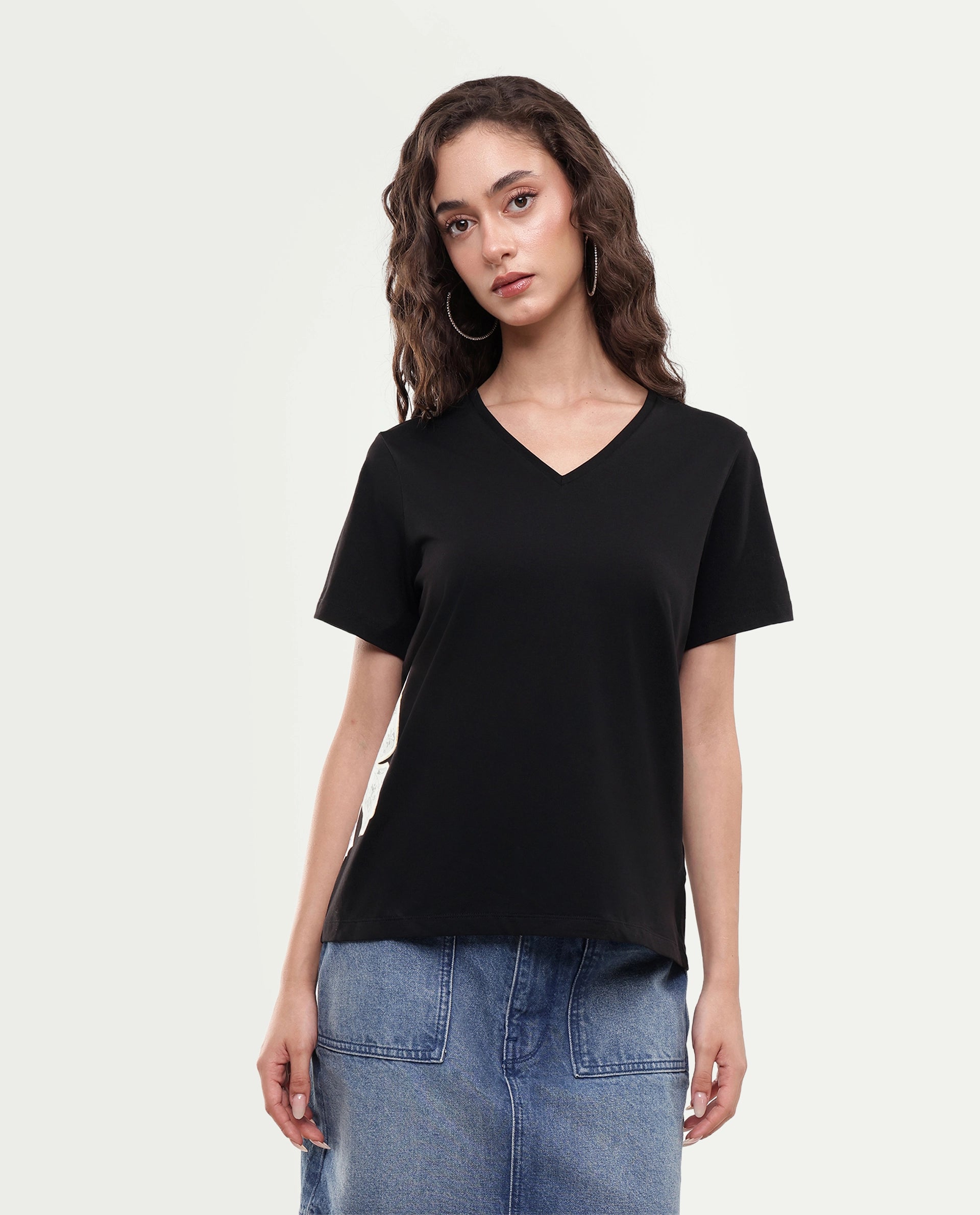 Rareism Women's Zyler Black Cotton Blend Half Sleeve Relaxed Fit Embroidery T-Shirt