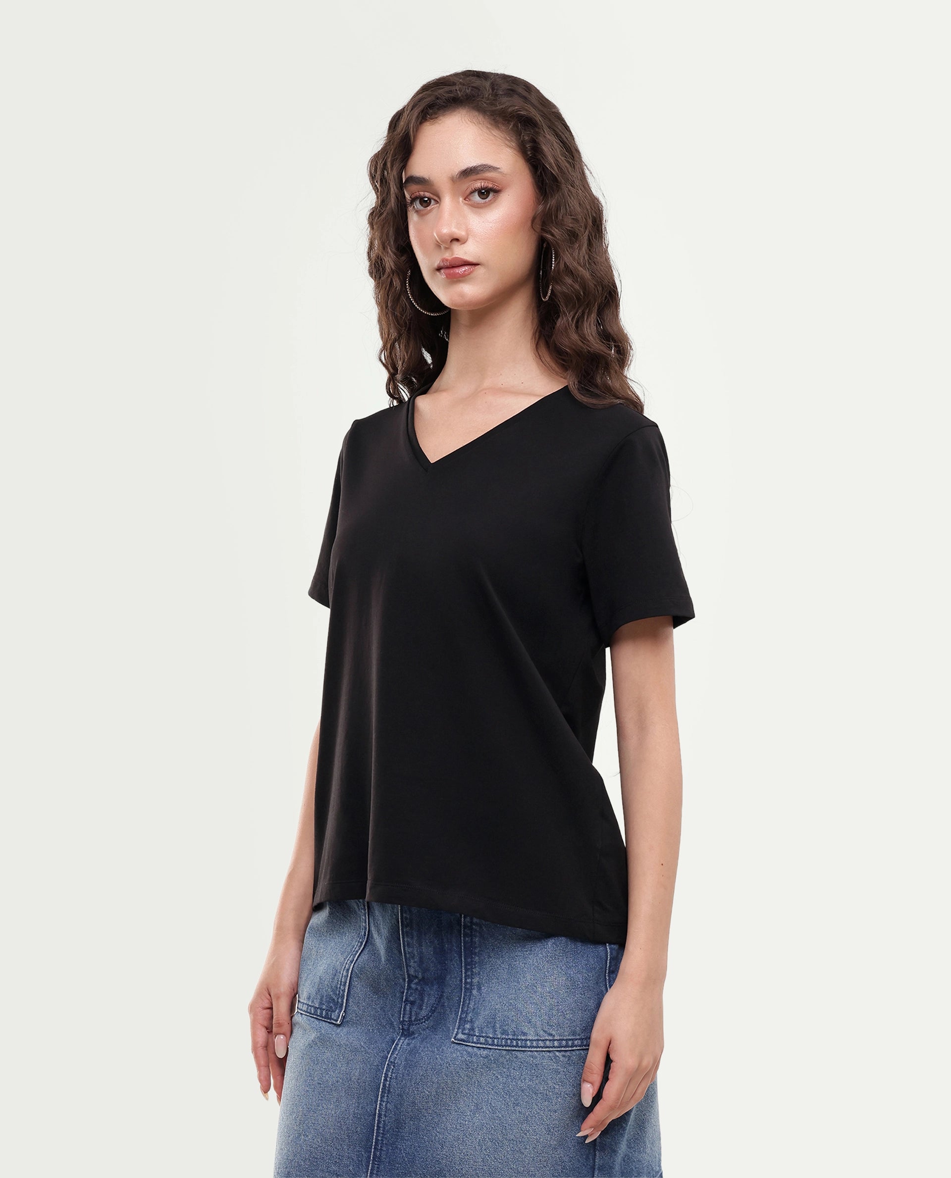 Rareism Women's Zyler Black Cotton Blend Half Sleeve Relaxed Fit Embroidery T-Shirt