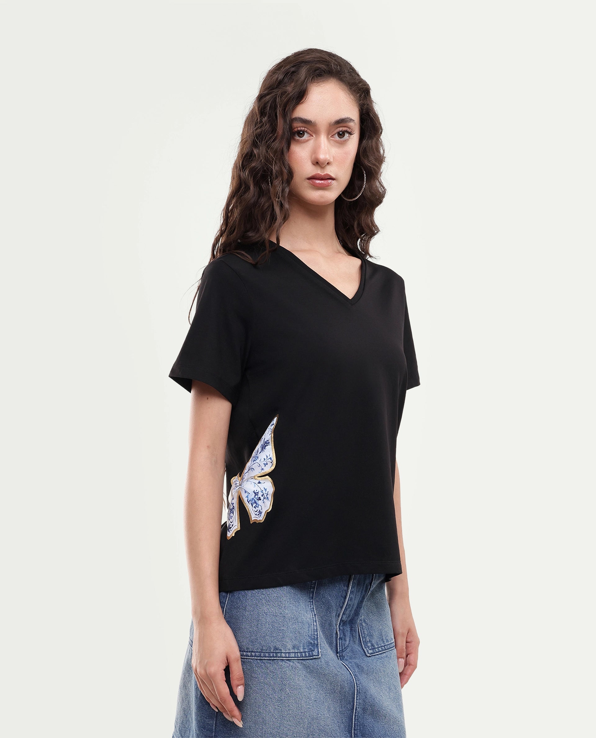Rareism Women's Zyler Black Cotton Blend Half Sleeve Relaxed Fit Embroidery T-Shirt