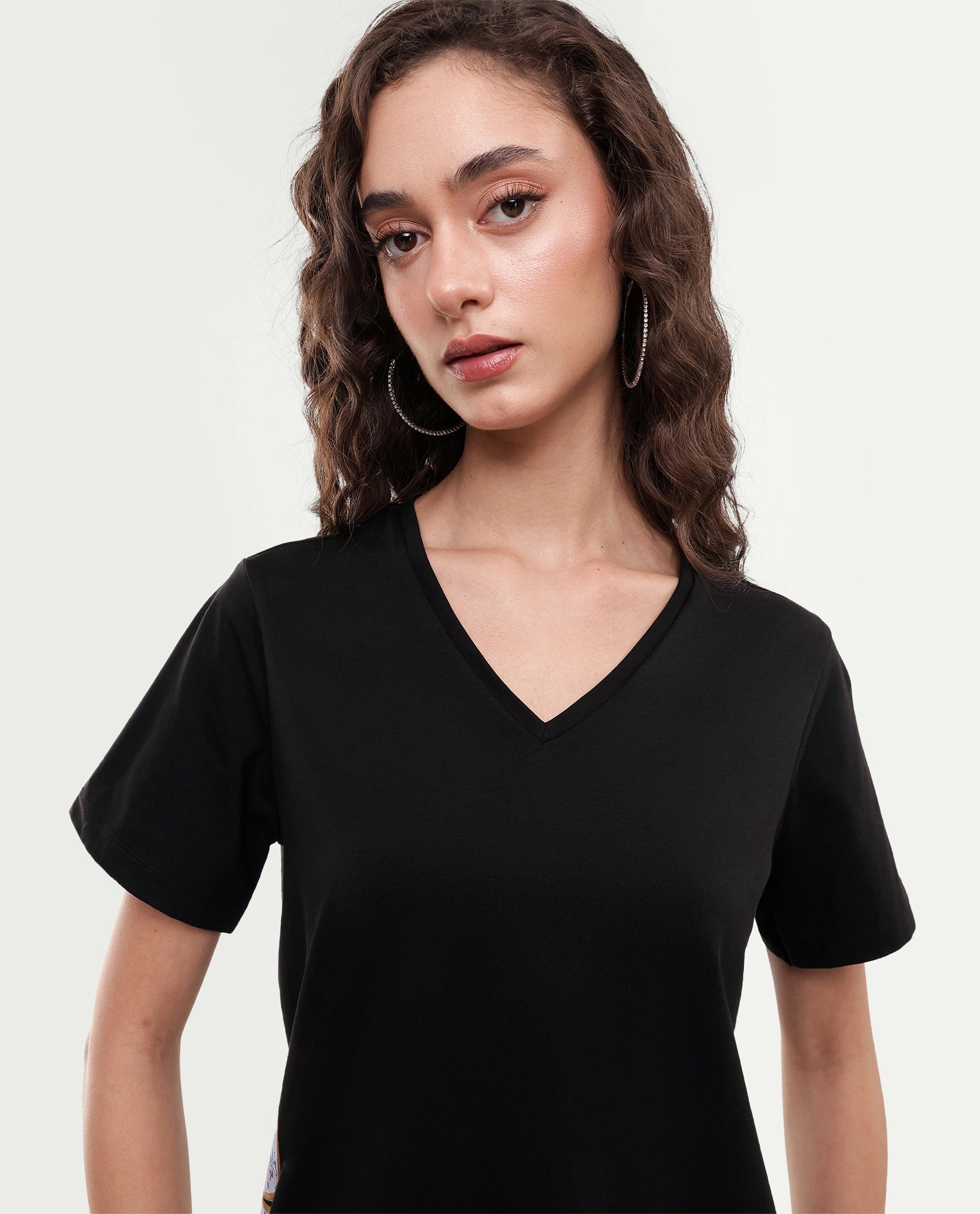 Rareism Women's Zyler Black Cotton Blend Half Sleeve Relaxed Fit Embroidery T-Shirt