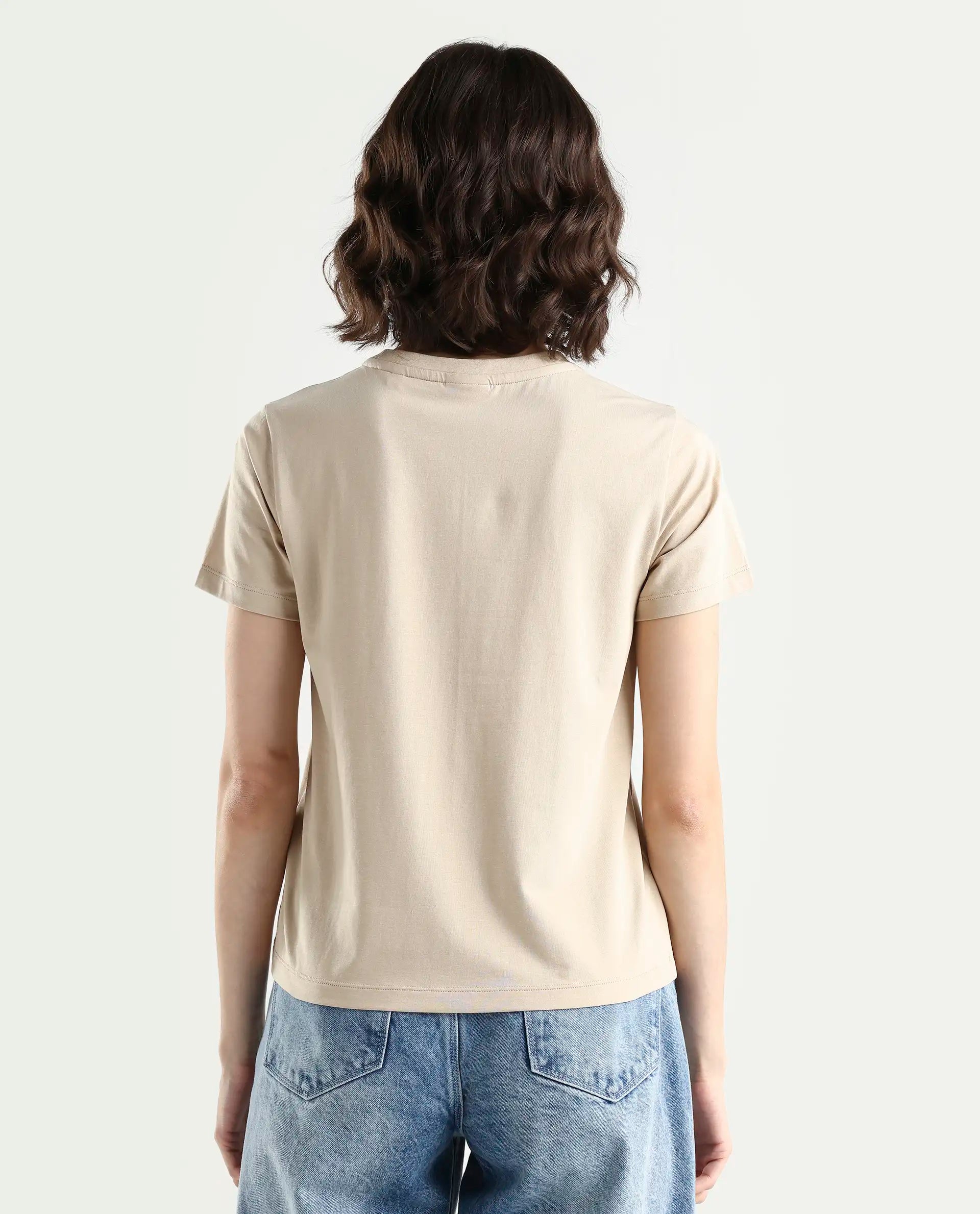 Rareism Women's Zak Beige Cotton Blend Half Sleeve Regular Fit Badge Print T-Shirt