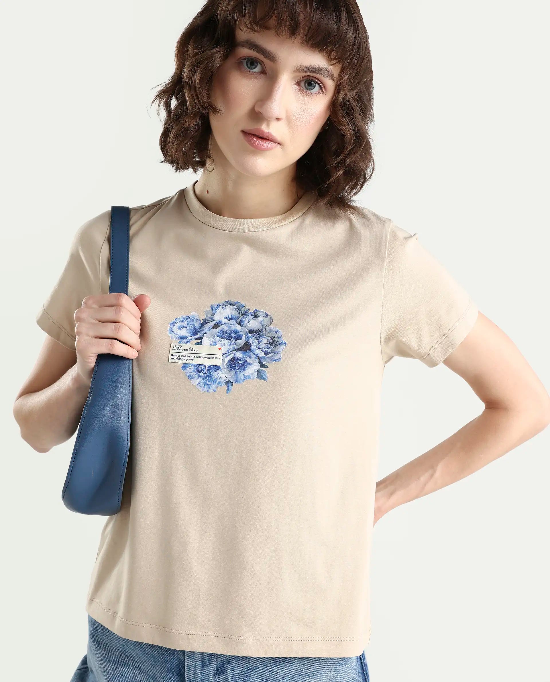 Rareism Women's Zak Beige Cotton Blend Half Sleeve Regular Fit Badge Print T-Shirt