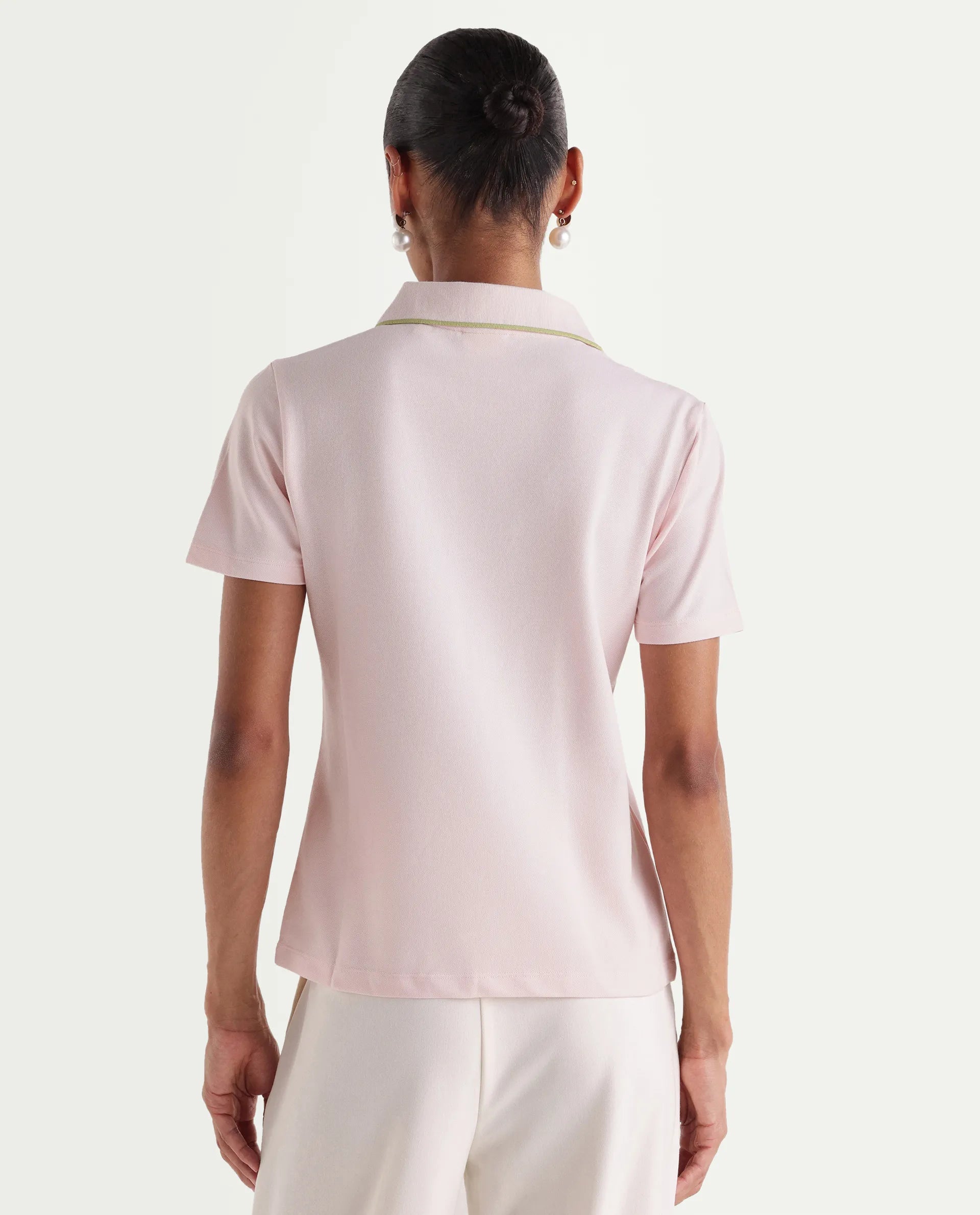 Rareism Women's Zeya Light Pink Cotton Blend Half Sleeve Regular Fit Plain Polo