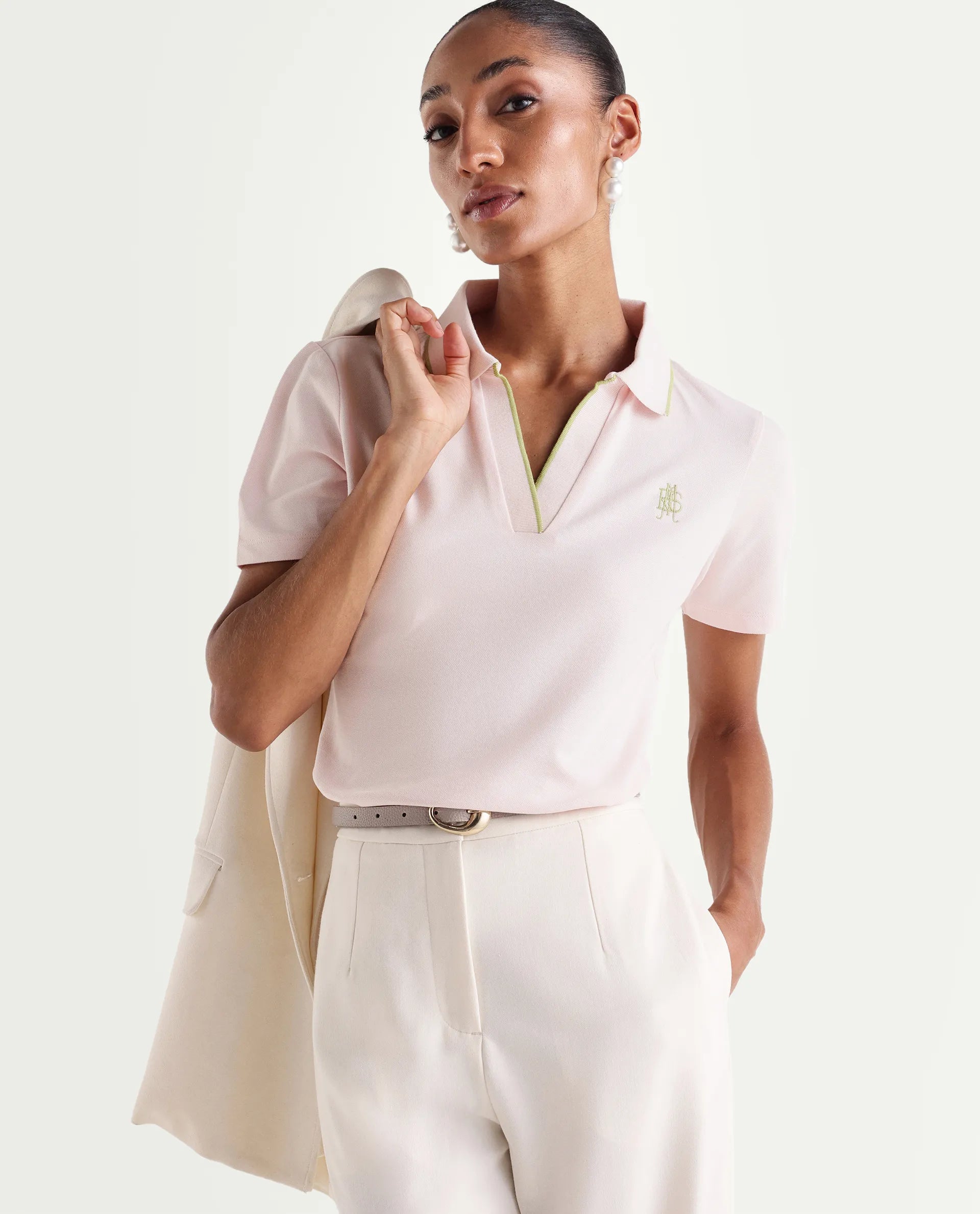 Rareism Women's Zeya Light Pink Cotton Blend Half Sleeve Regular Fit Plain Polo