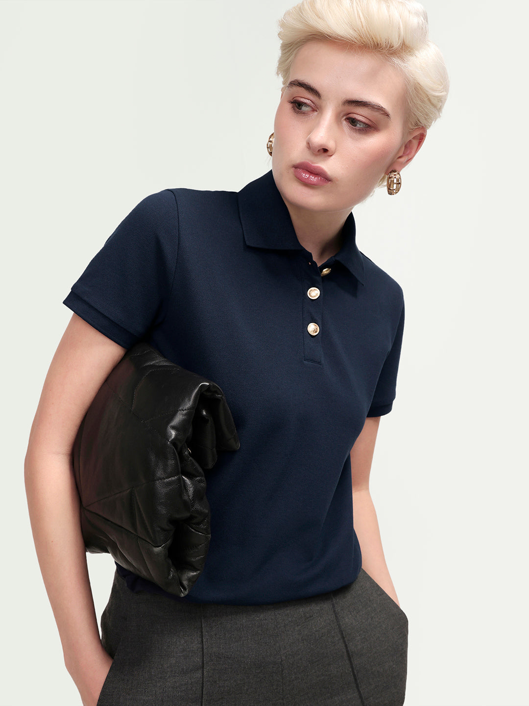 Rareism Women's Zana Navy Cotton Blend Half Sleeve Regular Fit Plain Polo