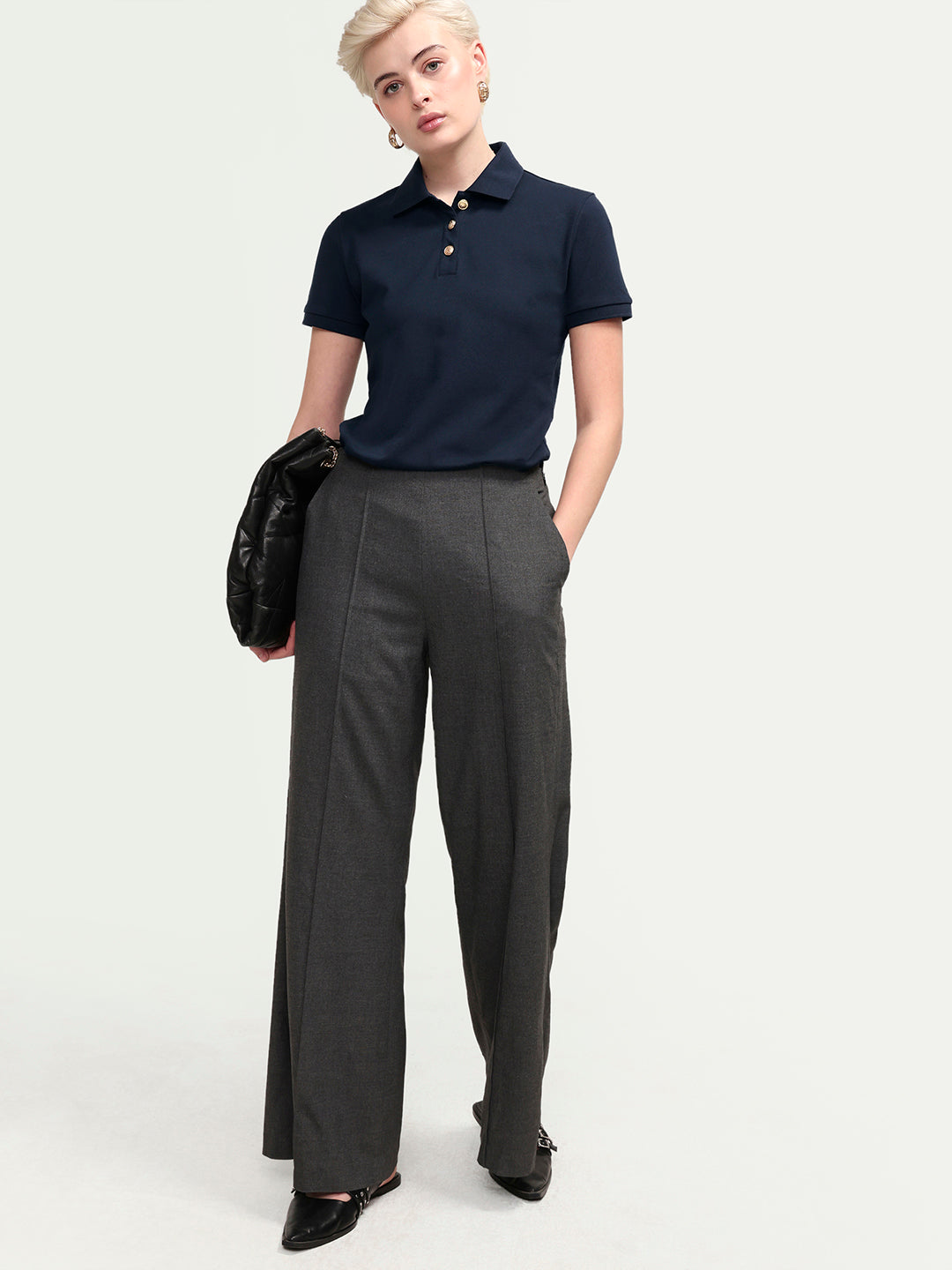 Rareism Women's Zana Navy Cotton Blend Half Sleeve Regular Fit Plain Polo