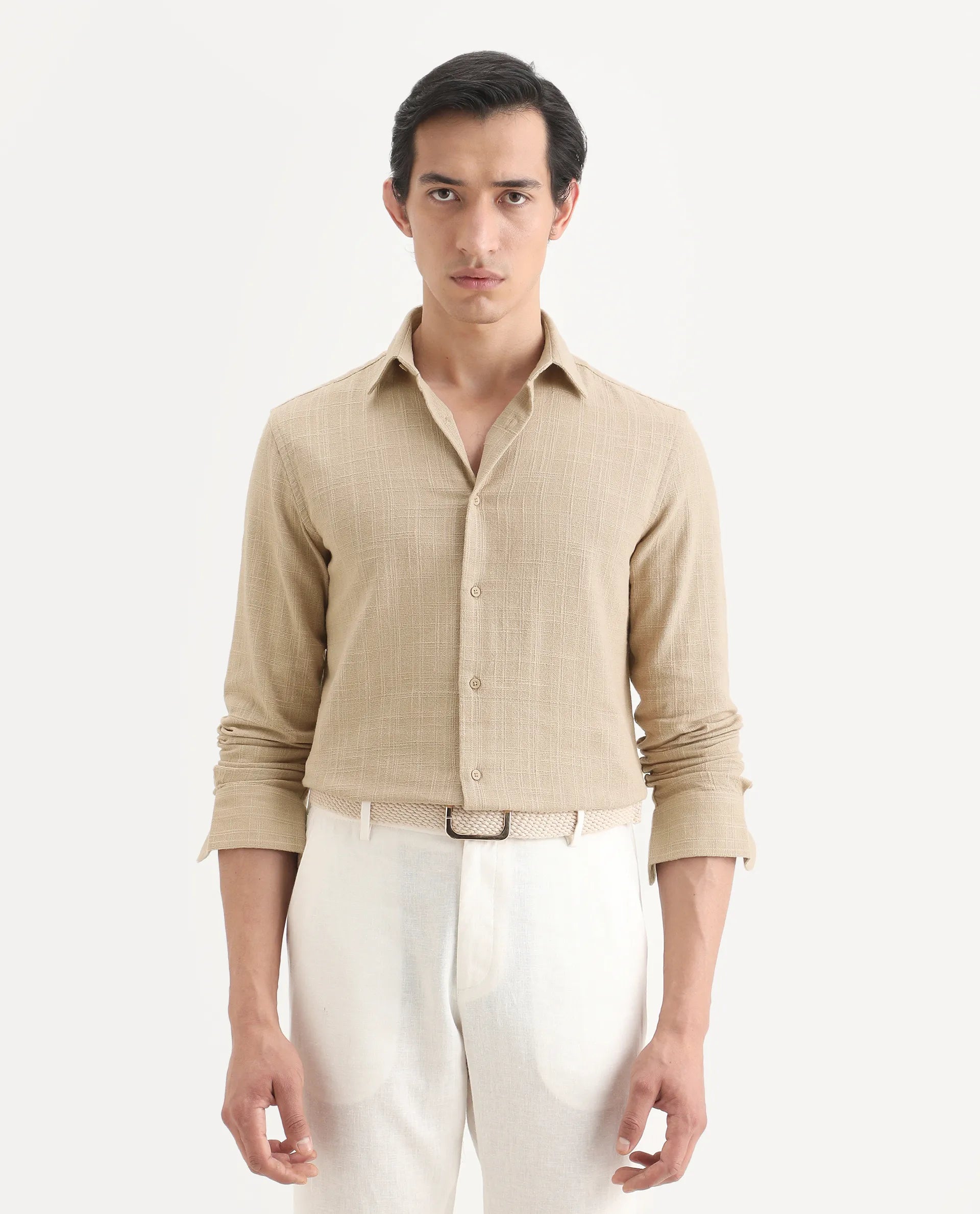 Rare Rabbit Men's Loten Khaki Cotton Fabric Half Sleeve Spread Collar Regular Fit Textured Shirt