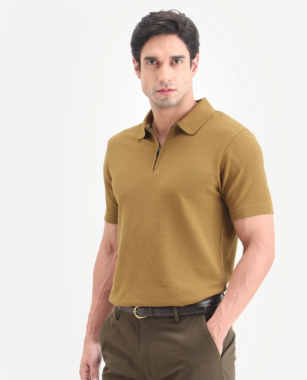 Rare Rabbit Men's Arp Dusky Mustard Cotton Blend Fabric Half Sleeve Spread Collar Regular Fit Plain Polo