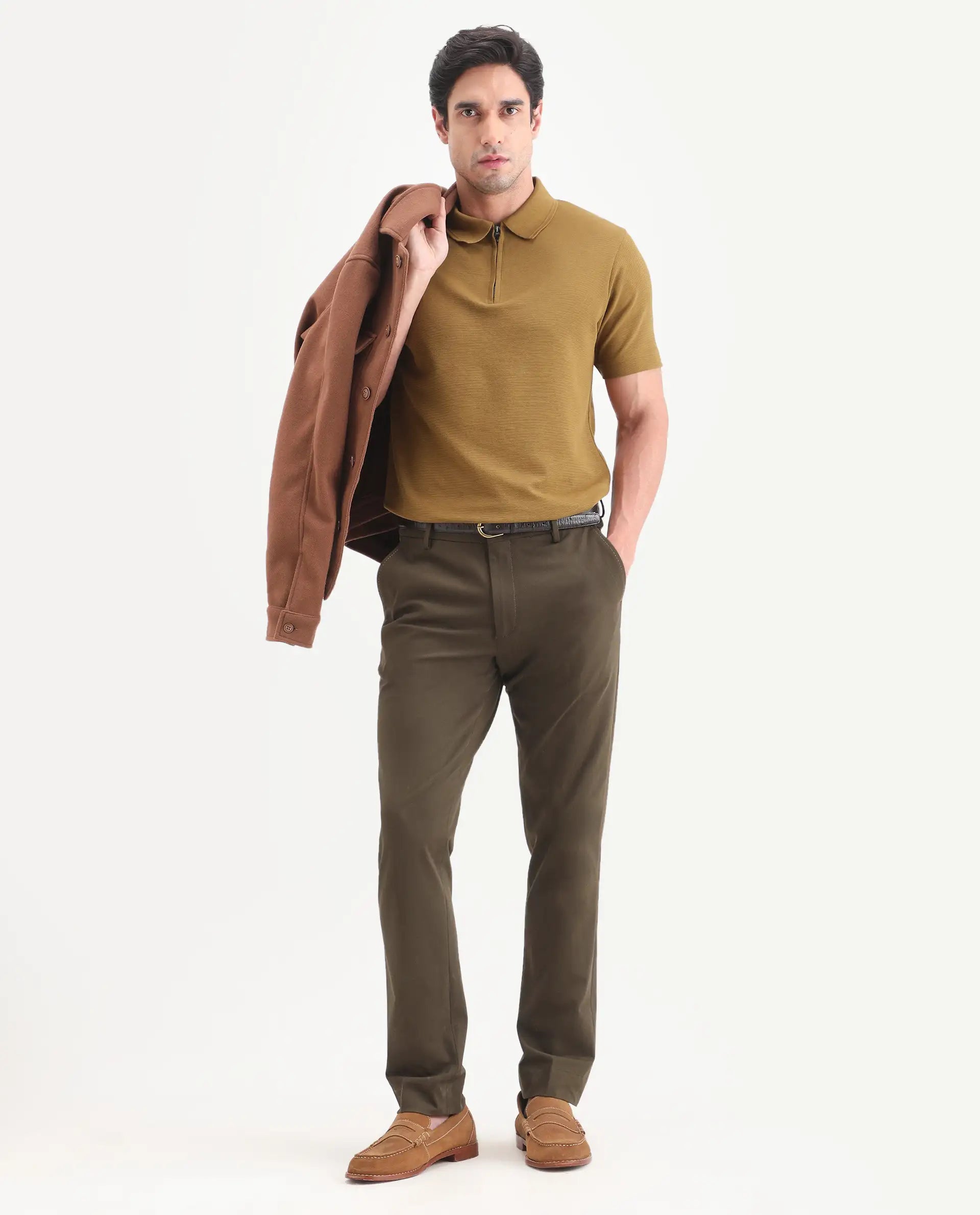Rare Rabbit Men's Arp Dusky Mustard Cotton Blend Fabric Half Sleeve Spread Collar Regular Fit Plain Polo