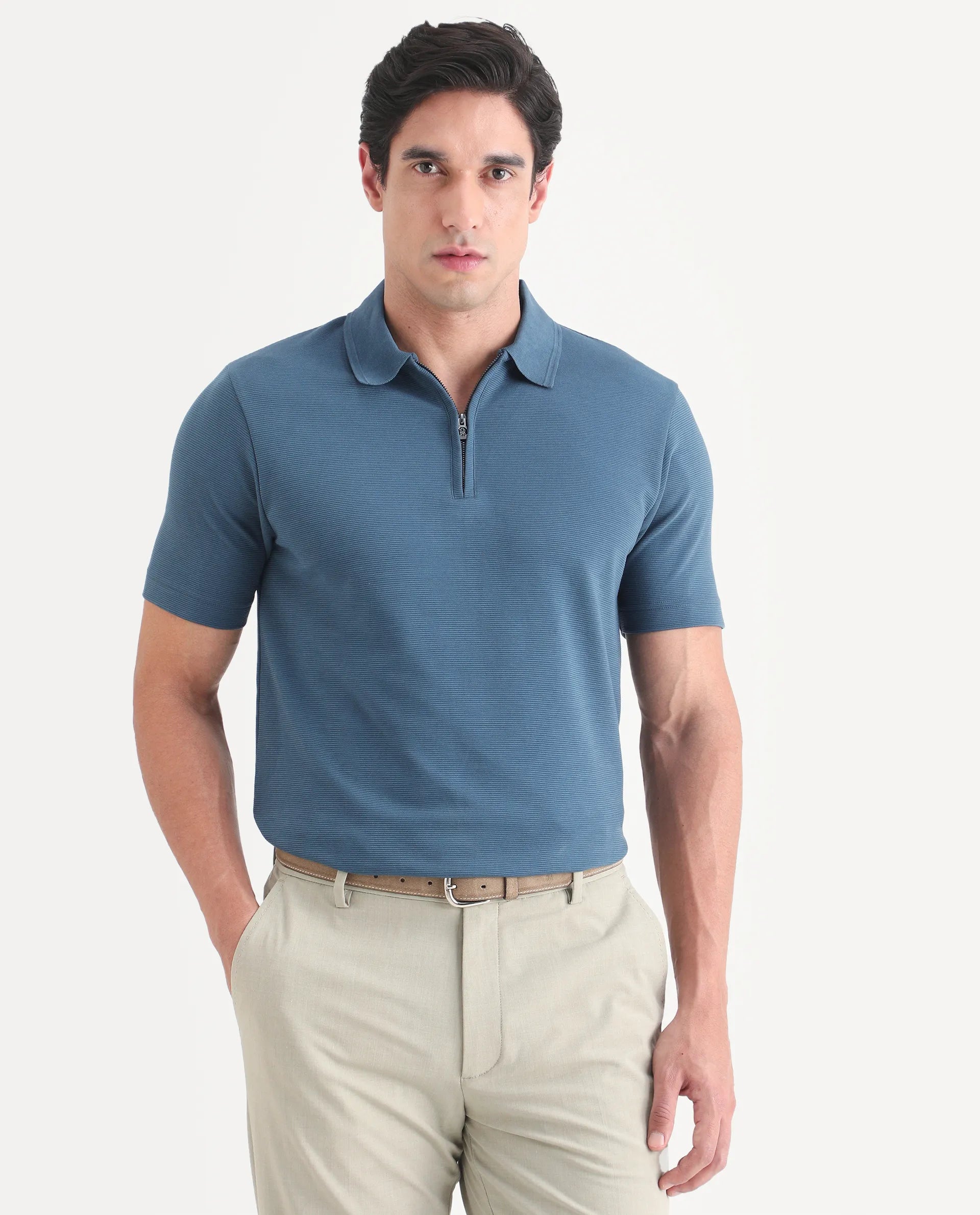 Rare Rabbit Men's Arp Dusky Teal Cotton Blend Fabric Half Sleeve Spread Collar Regular Fit Plain Polo