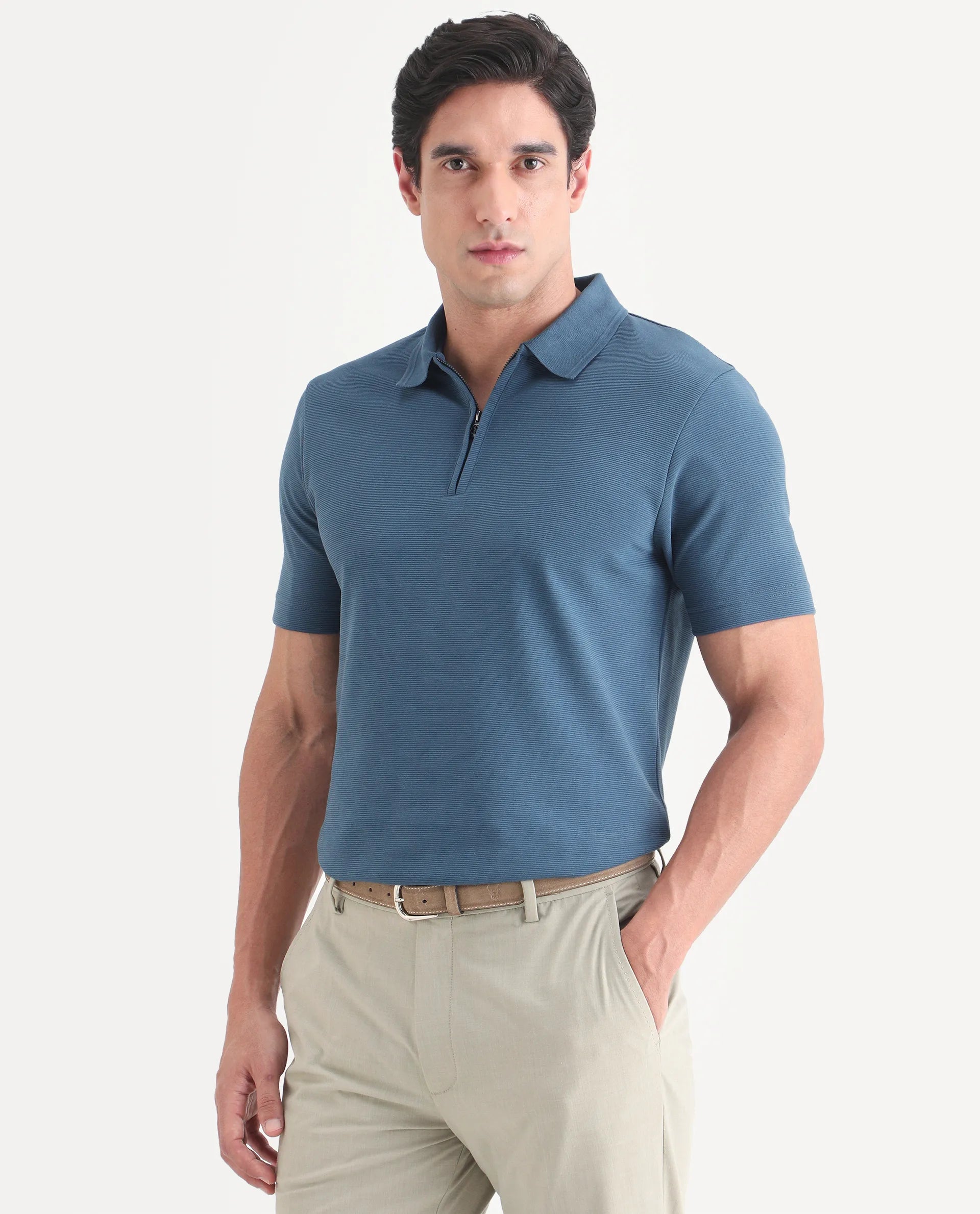 Rare Rabbit Men's Arp Dusky Teal Cotton Blend Fabric Half Sleeve Spread Collar Regular Fit Plain Polo