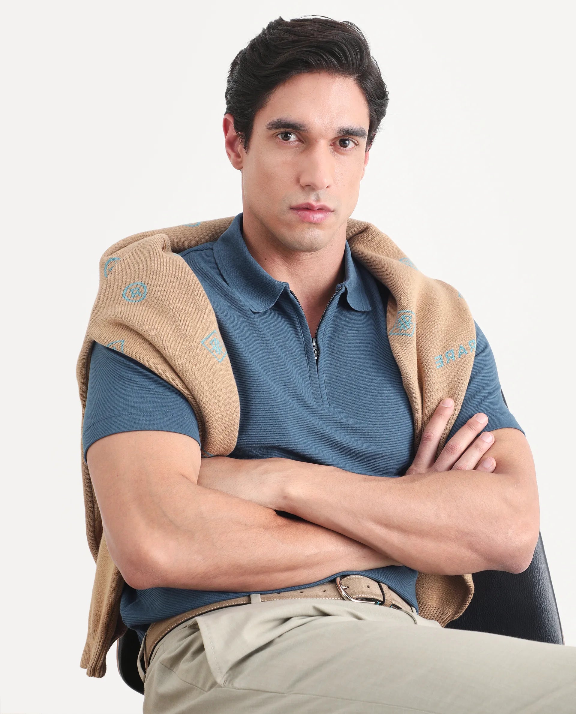 Rare Rabbit Men's Arp Dusky Teal Cotton Blend Fabric Half Sleeve Spread Collar Regular Fit Plain Polo