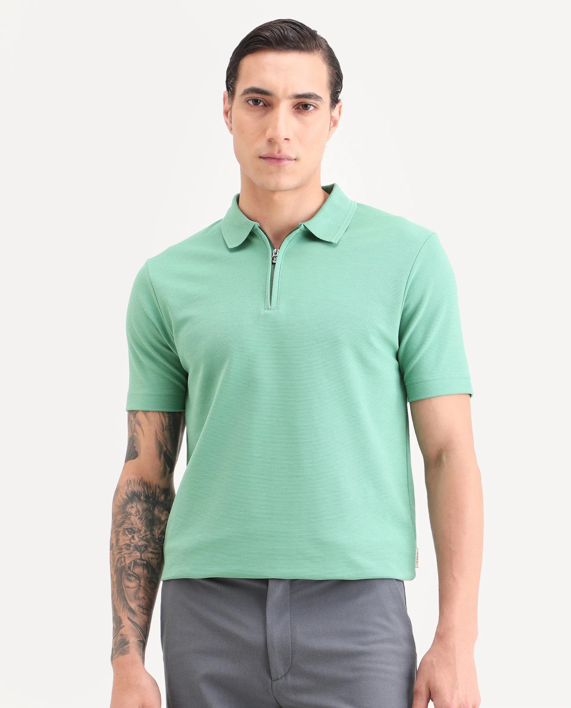 Rare Rabbit Men's Arp Dusky Green Cotton Blend Fabric Half Sleeve Spread Collar Regular Fit Plain Polo