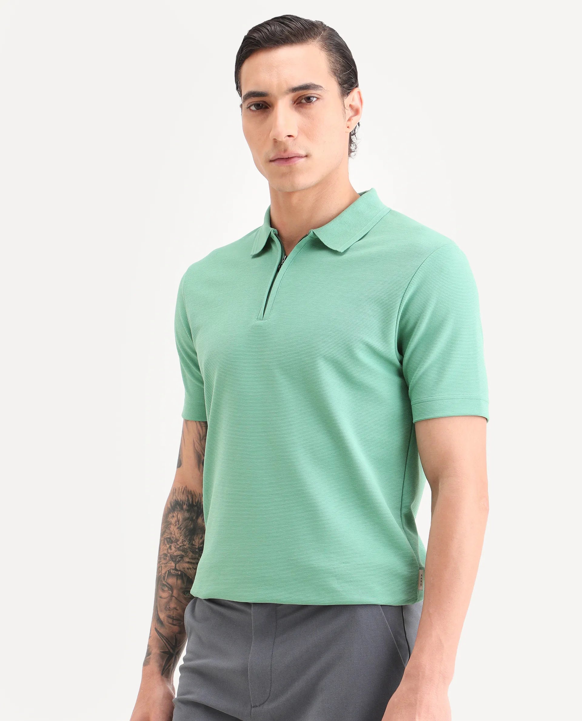 Rare Rabbit Men's Arp Dusky Green Cotton Blend Fabric Half Sleeve Spread Collar Regular Fit Plain Polo
