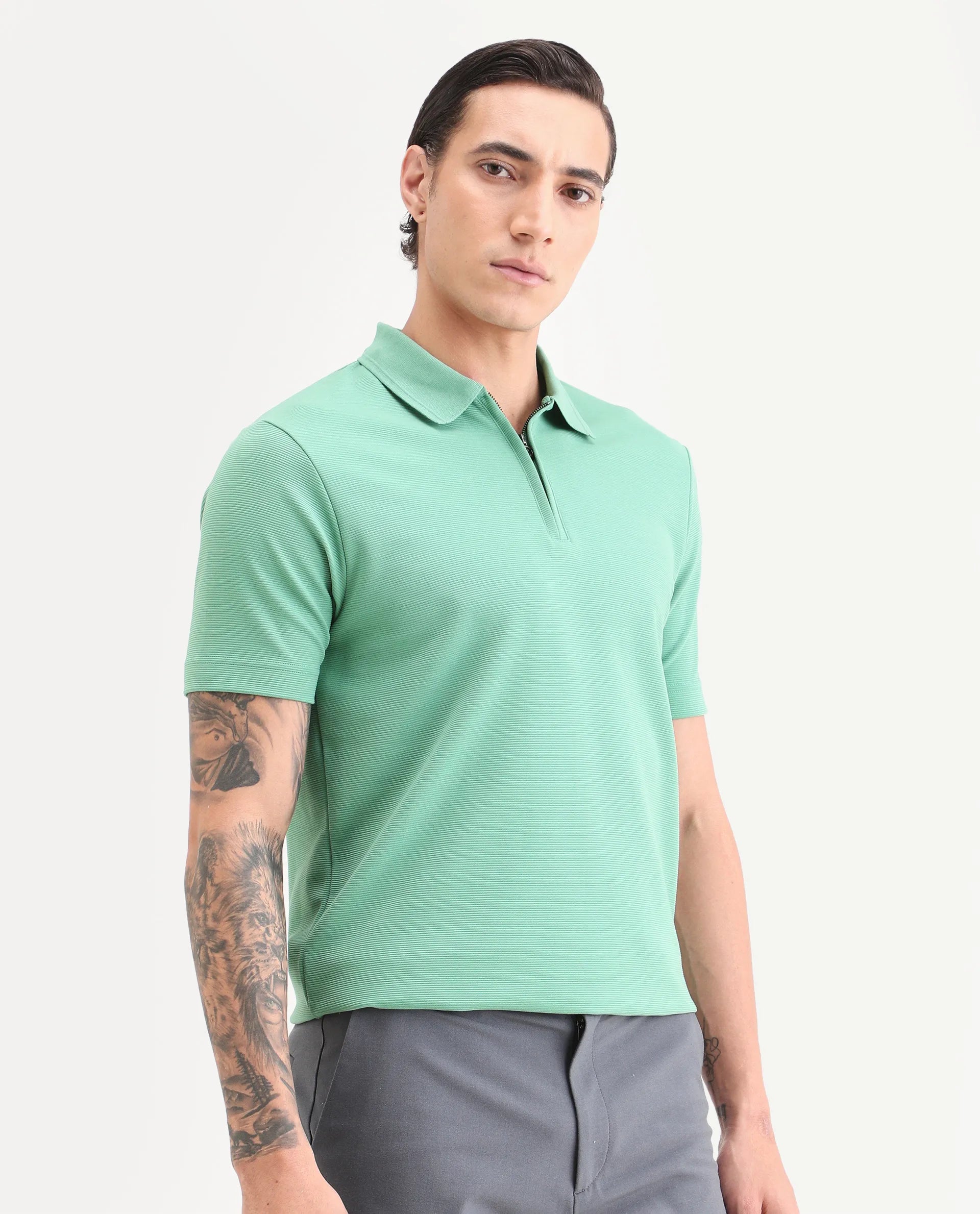 Rare Rabbit Men's Arp Dusky Green Cotton Blend Fabric Half Sleeve Spread Collar Regular Fit Plain Polo